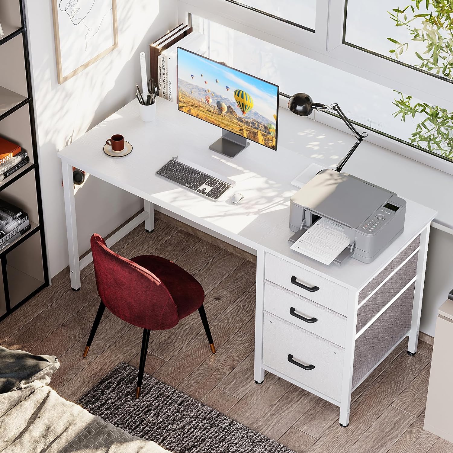 Coleshome - bureau 3 tiroirs tissu, 120x48cm, porte-casque, blanc