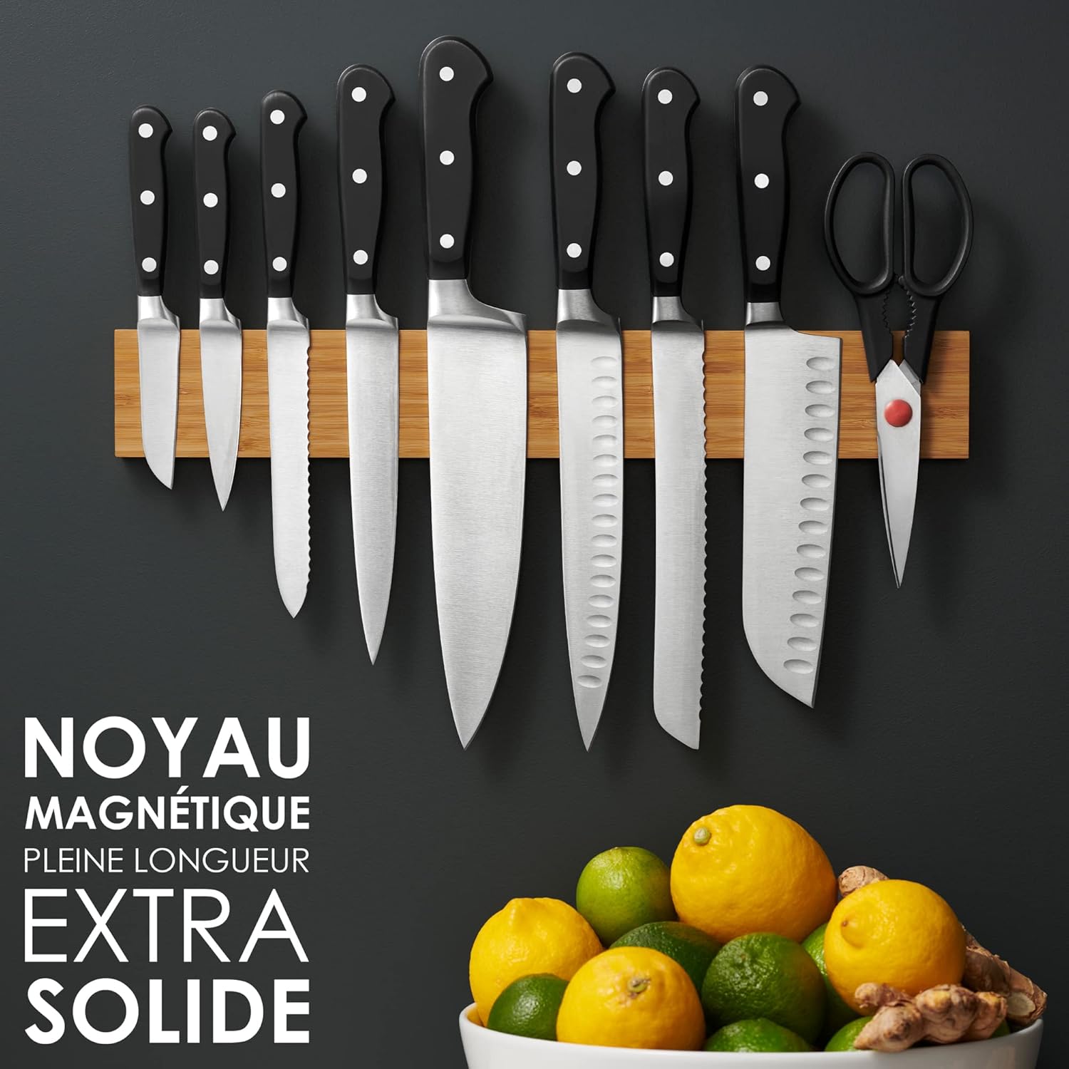 LARHN - Porte couteaux aimanté bambou 40cm - fixation murale puissante