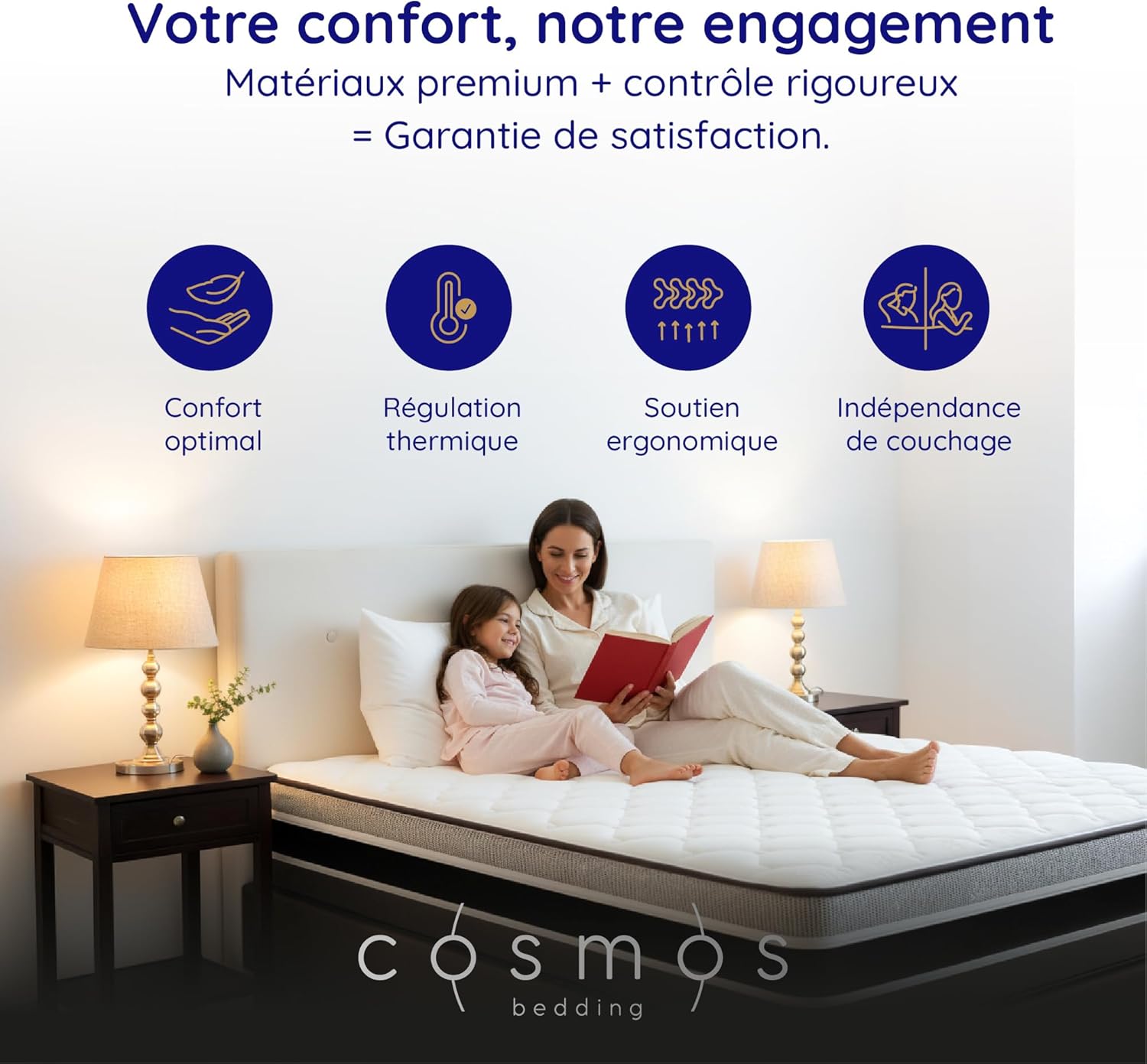 COSMOS - Upsilon - matelas 140x190, mémoire de forme, 24cm, mi-ferme, 7 zones, hypoallergénique