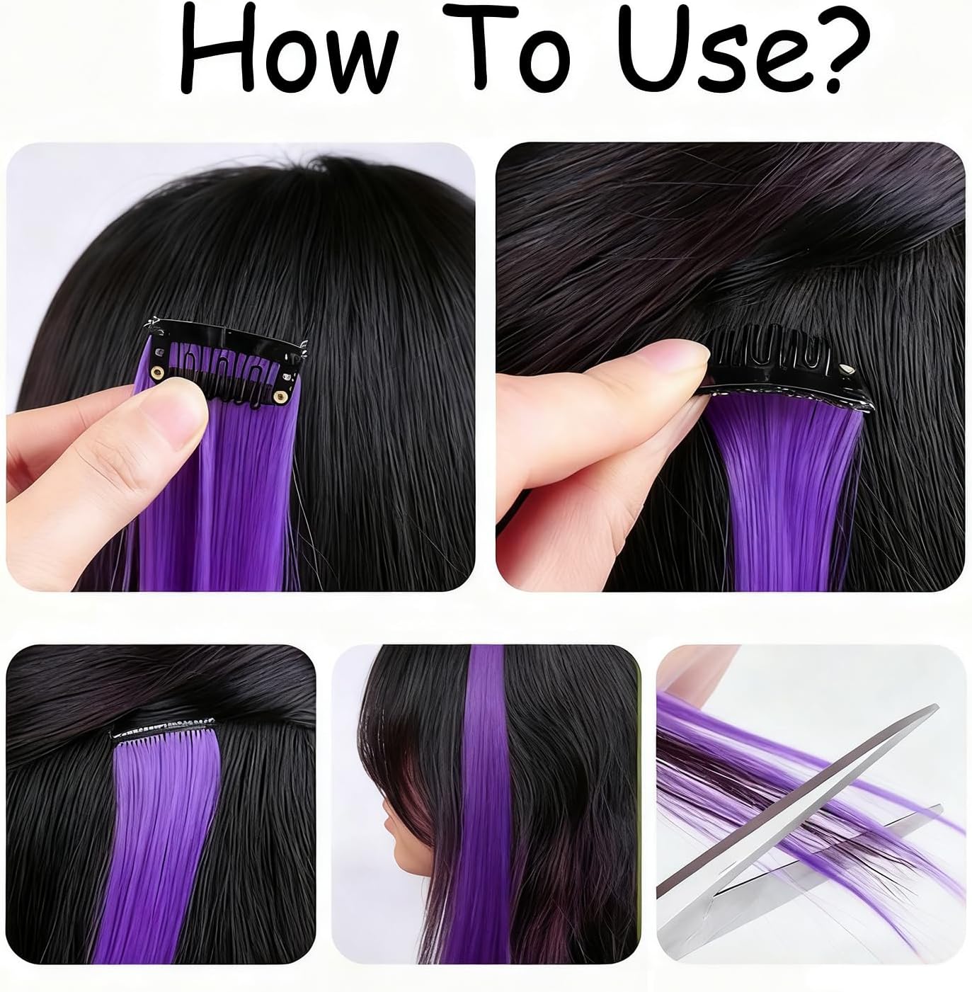 Extensions cheveux - 22 pouces - mèches clip colorées, raides, violet, lot de 10