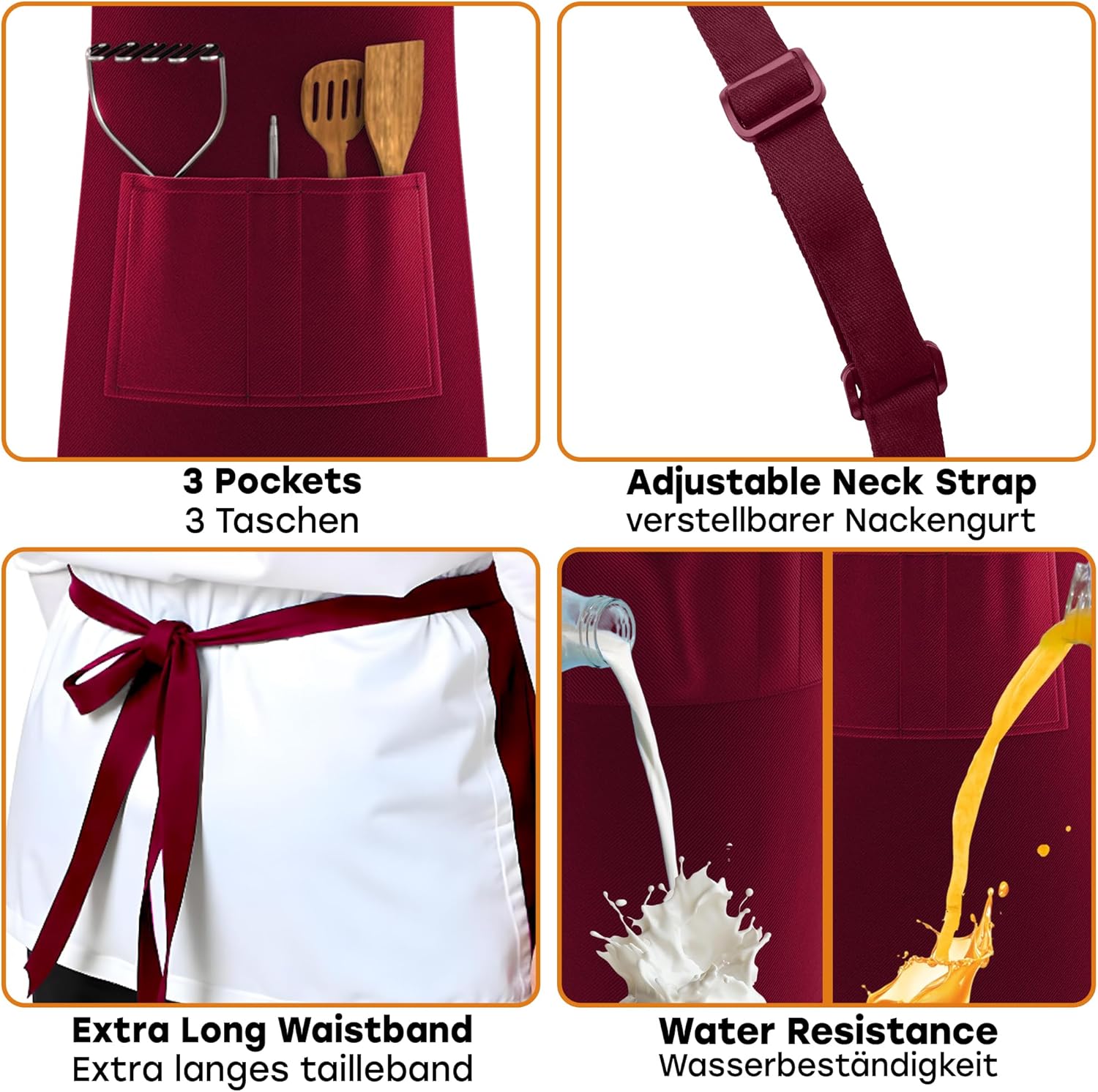LEFUNDA - tablier cuisine réglable étanche 3 poches, longues lanières