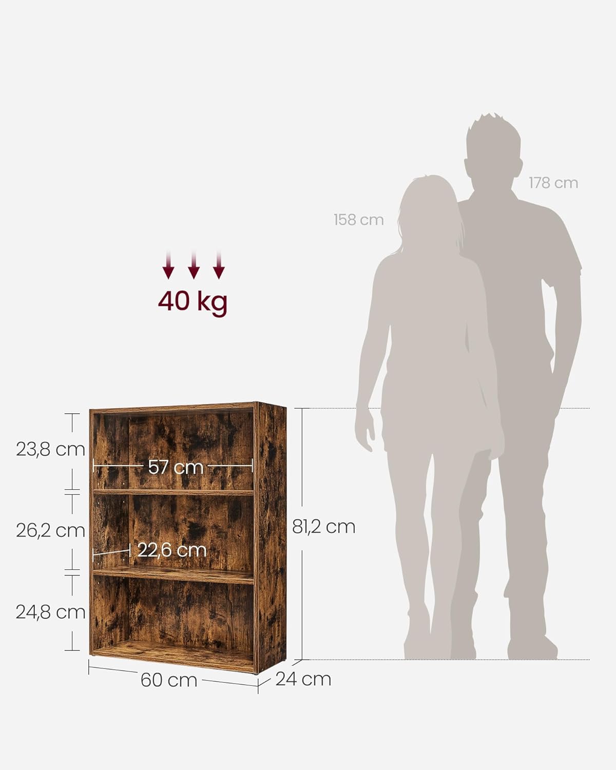 VASAGLE - bibliothèque 3 niveaux, 24x60x81,2cm, rangement ouvert, LBC163X01