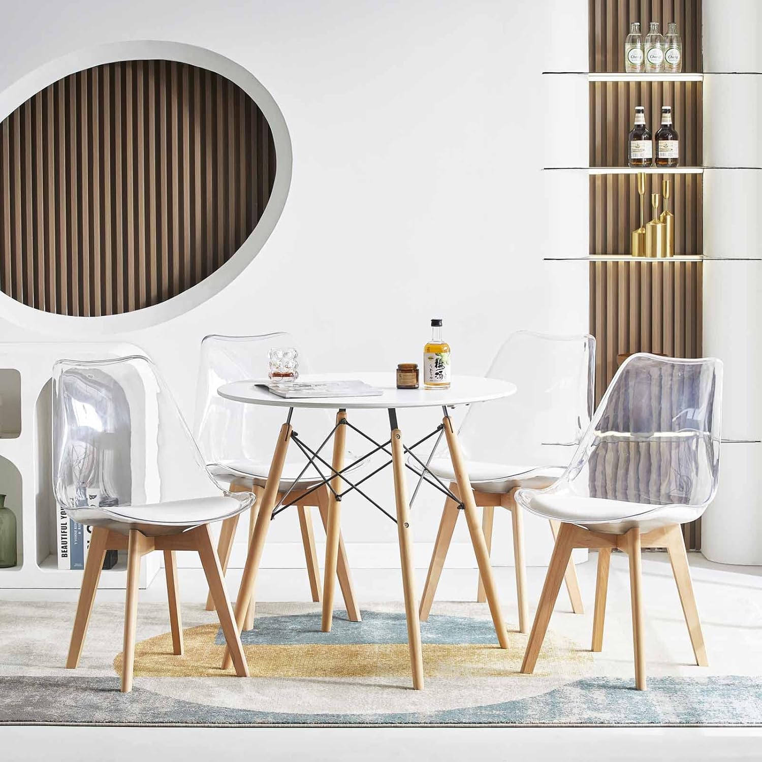 EGGREE - Lot de 4 chaises scandinaves bois hêtre, coussins cuir blanc, dossier transparent, testées SGS