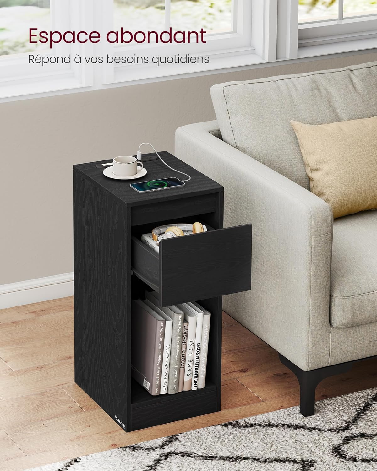 VASAGLE - lot de 2 tables de chevet LED, ports USB, tiroirs, LET710B01