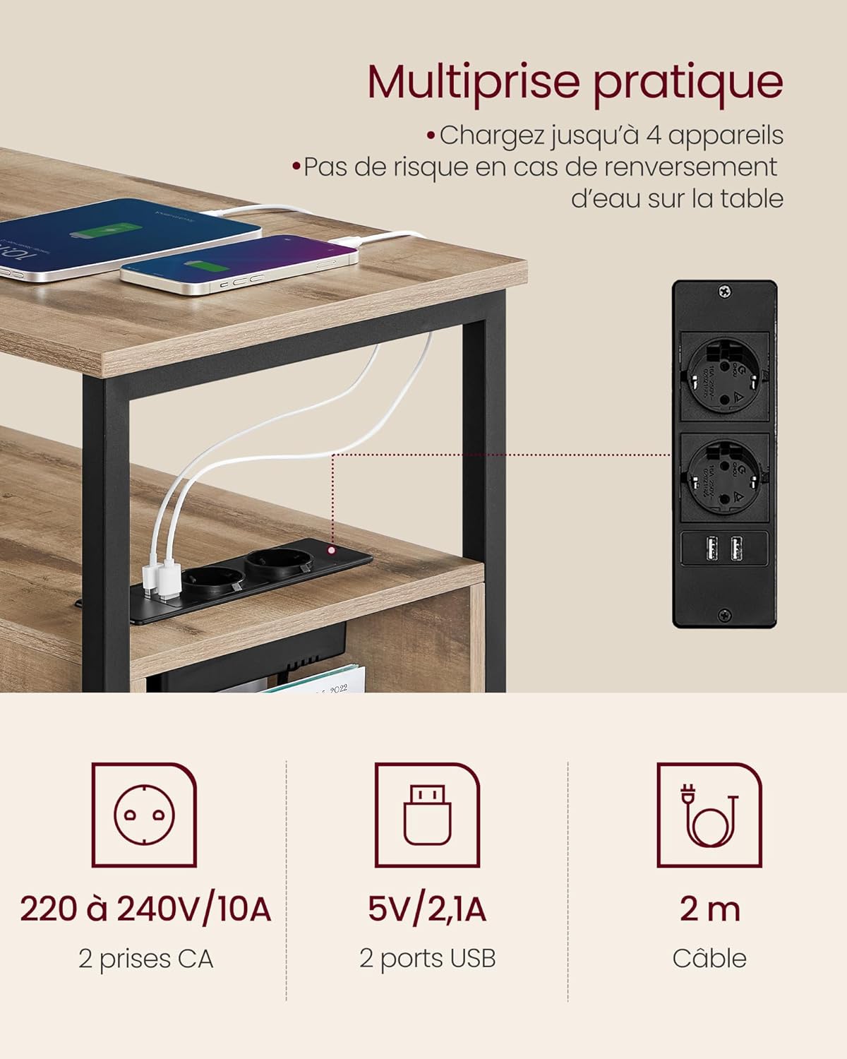 VASAGLE - table d’appoint, 2 tiroirs, multiprise, rangement, 35x30x60 cm, LET325K01