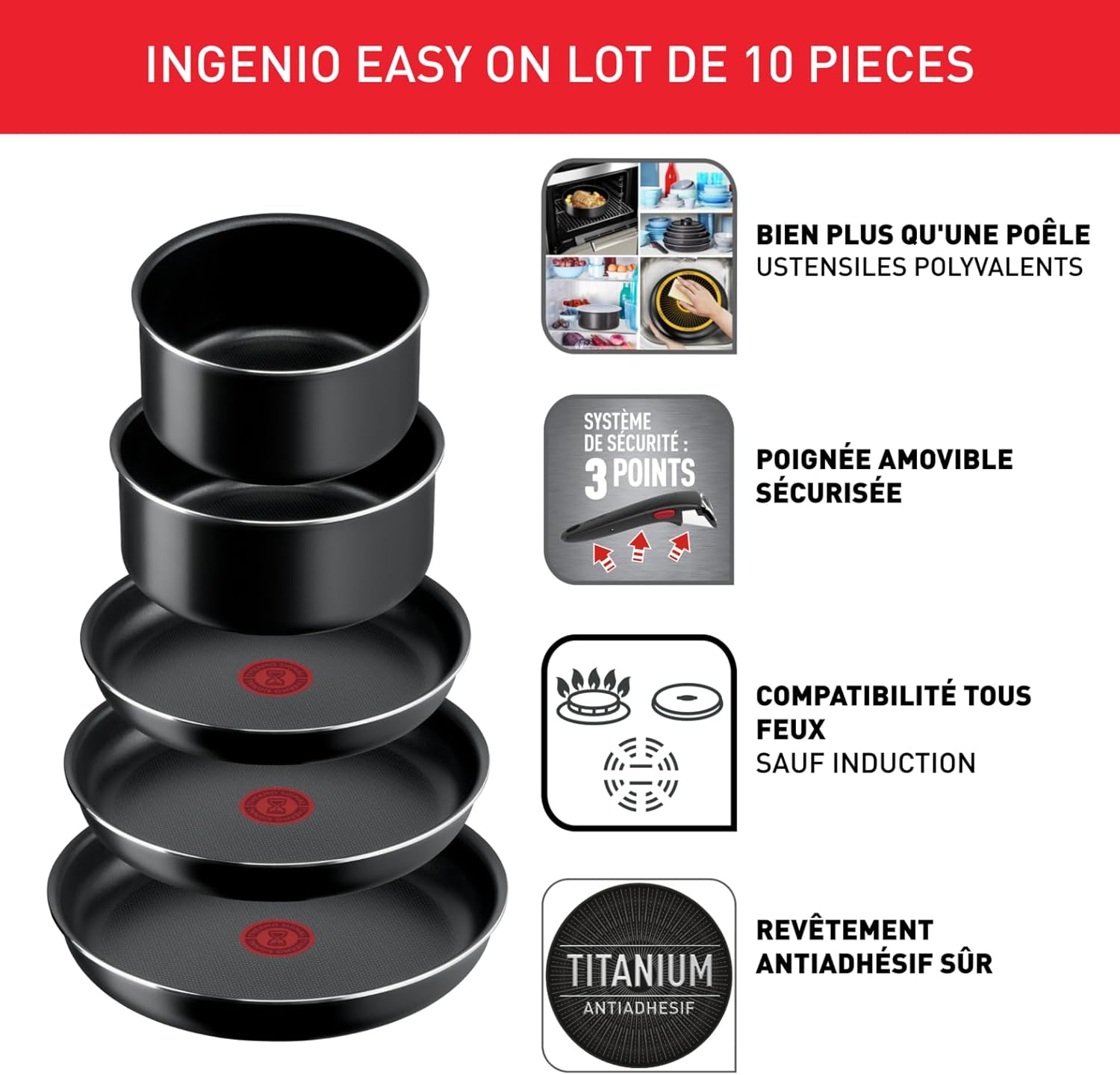 Tefal - Ingenio Easy On - Batterie cuisine 10 pcs, empilable, tous feux, L1599902