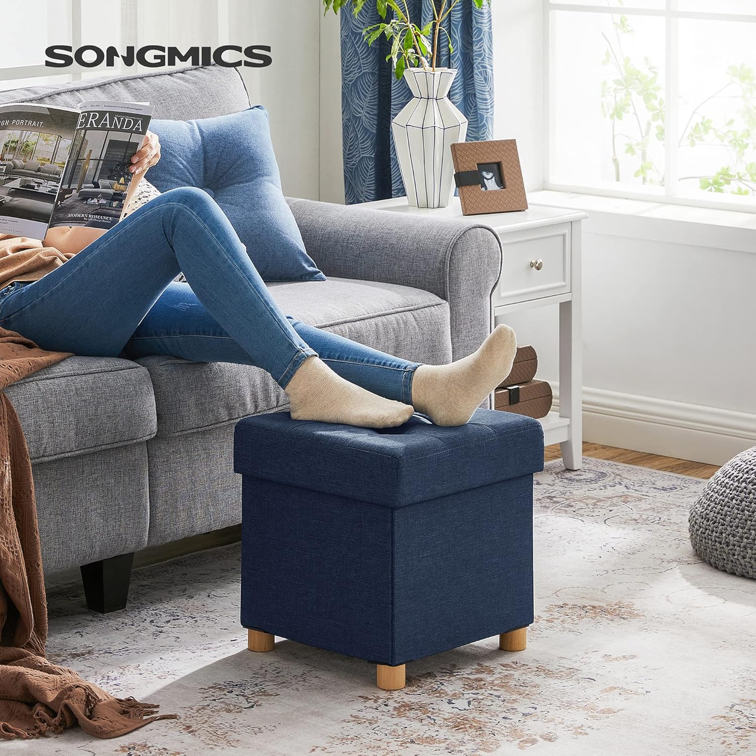 SONGMICS - petit pouf pliable - 38x38x40 cm - rangement robuste, bleu, LSF14IN