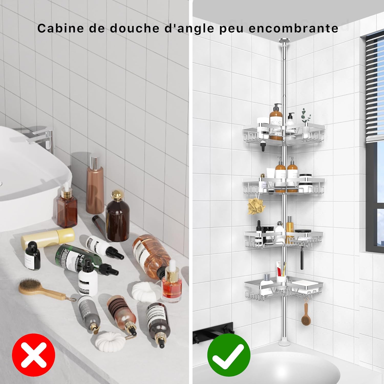 Kegii - étagère douche télescopique - hauteur réglable, 4 paniers - argent