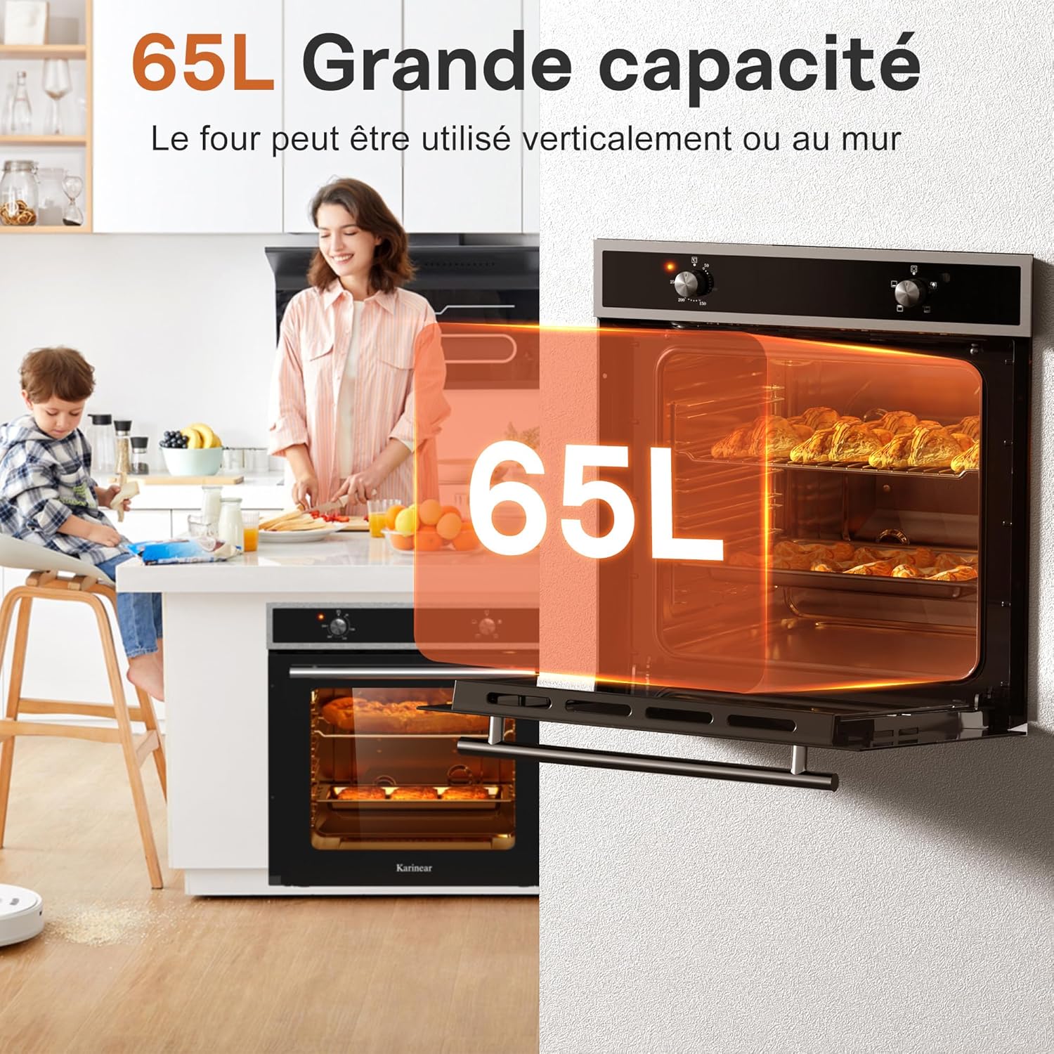 Karinear - four électrique 60 cm, 65L, 4 programmes, 2200W, verre trempé