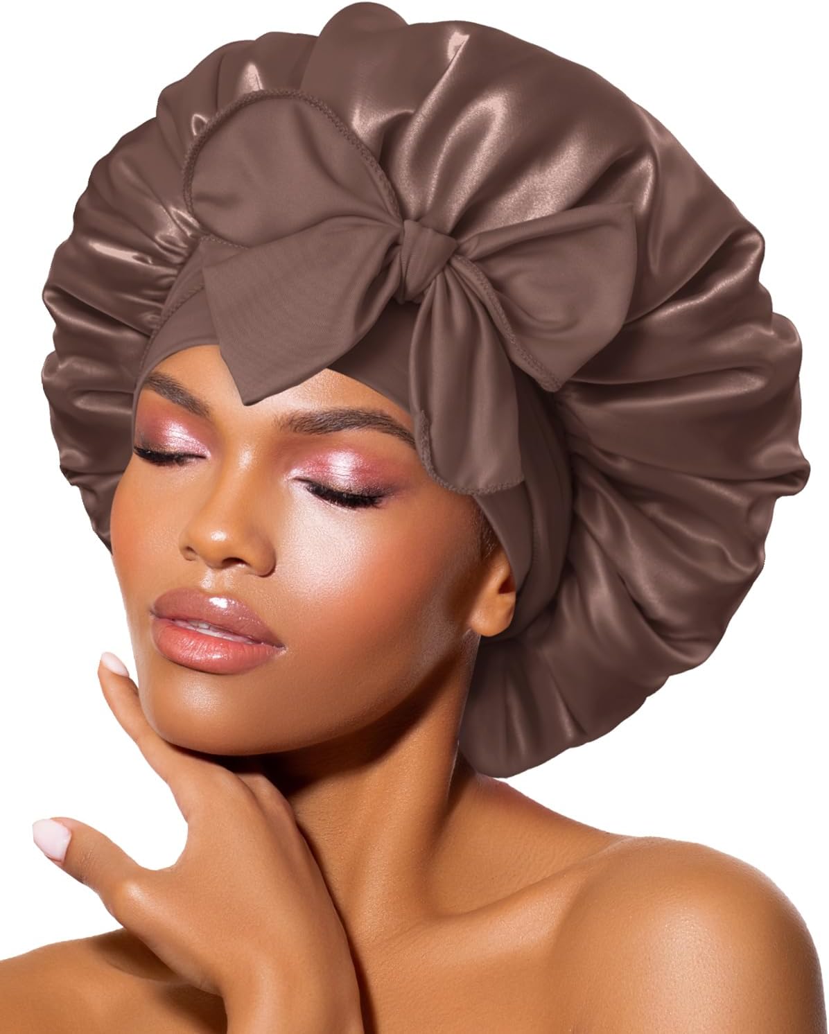 BONNET QUEEN - bonnet satin nuit ajustable, moyen, chocolat, long élastique