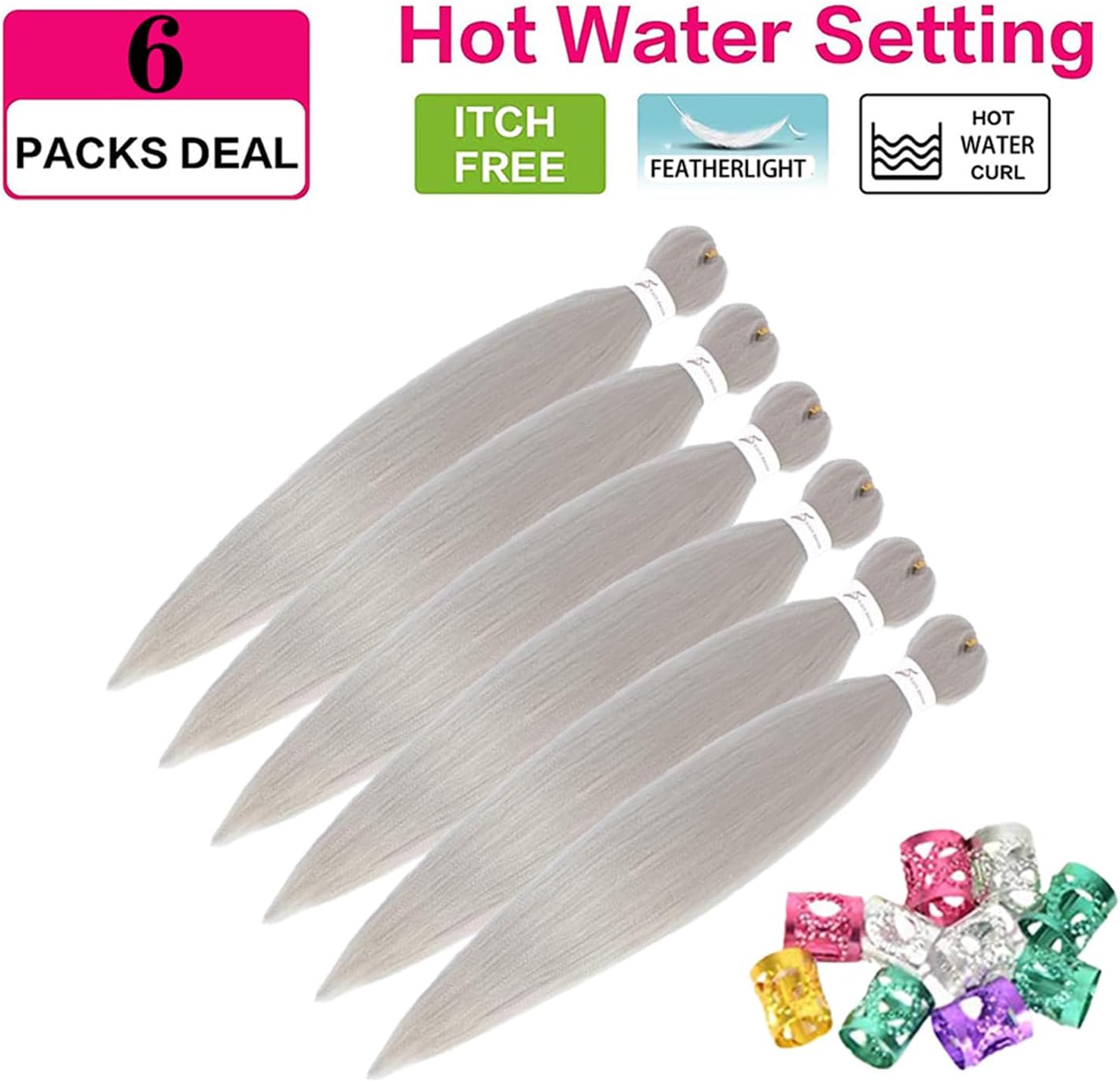 Rajout cheveux tressés pré-étirés - 30 pouces - kanekalon gris argent, 6 paquets, extensions synthétiques