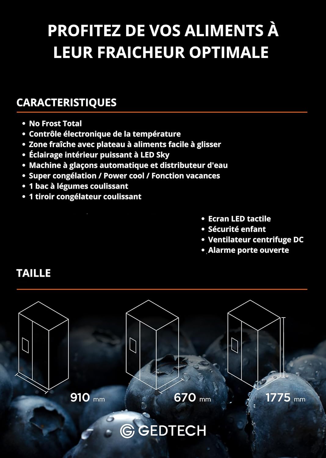 GEDTECH - Réfrigérateur Side by Side 513L, eau et glaçons, GSBSA513DX