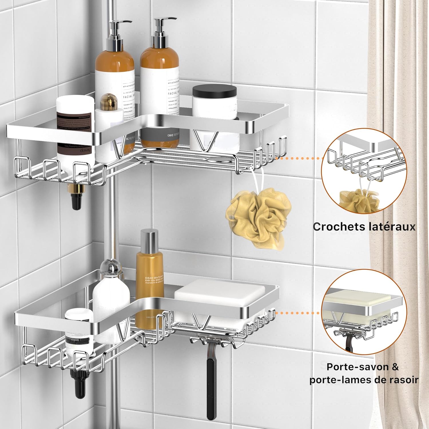 Kegii - étagère douche télescopique - hauteur réglable, 4 paniers - argent