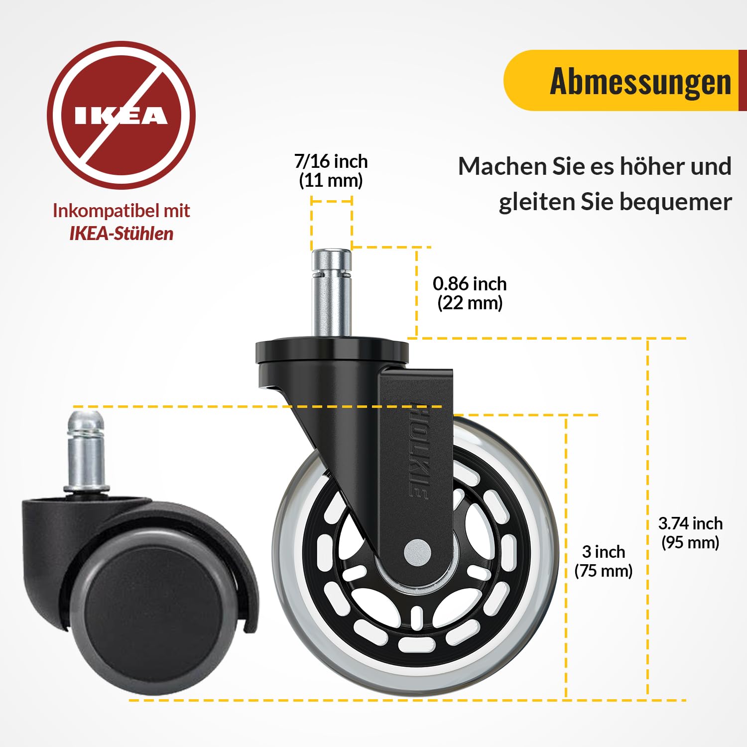 HOLKIE - roulettes chaise bureau - 11x22mm - caoutchouc, lot de 5