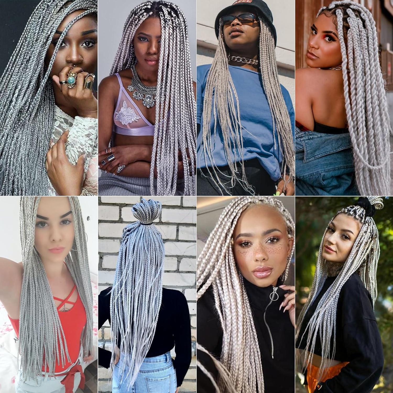 Rajout cheveux tressés pré-étirés - 30 pouces - kanekalon gris argent, 6 paquets, extensions synthétiques