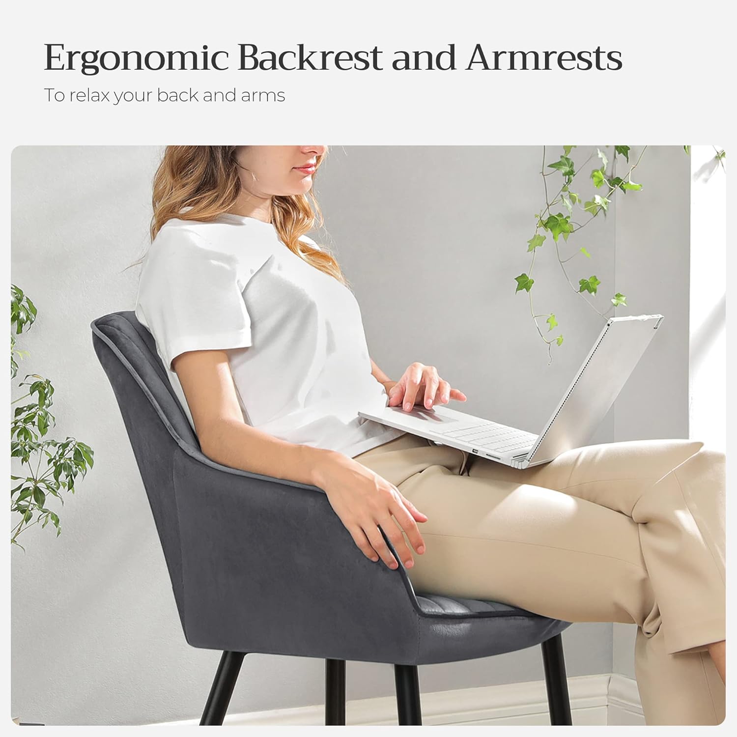 SONGMICS - fauteuil salle à manger, assise 49 cm, velours, pieds métal, accoudoirs, 110 kg, gris LDC087G01