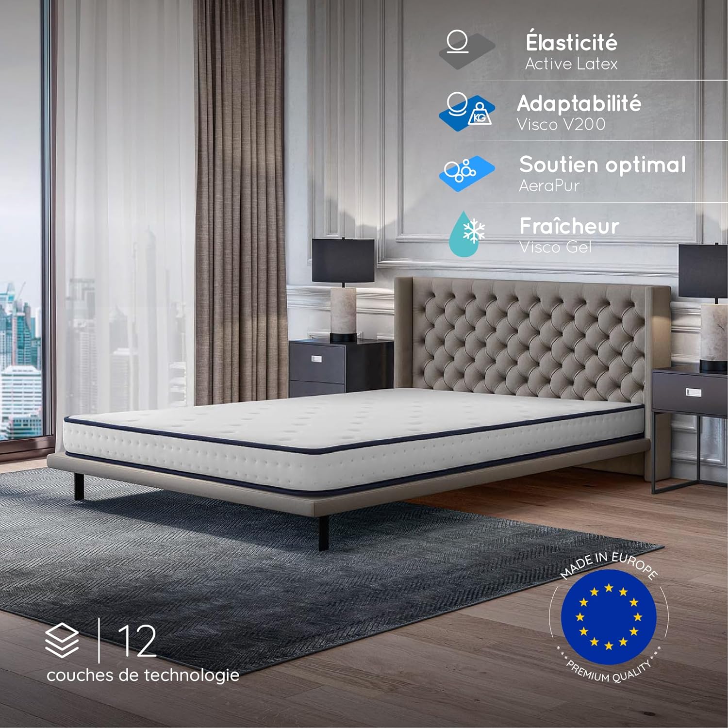 COSMOS - Upsilon - 160x200 cm - mémoire de forme latex, 7 zones, réversible