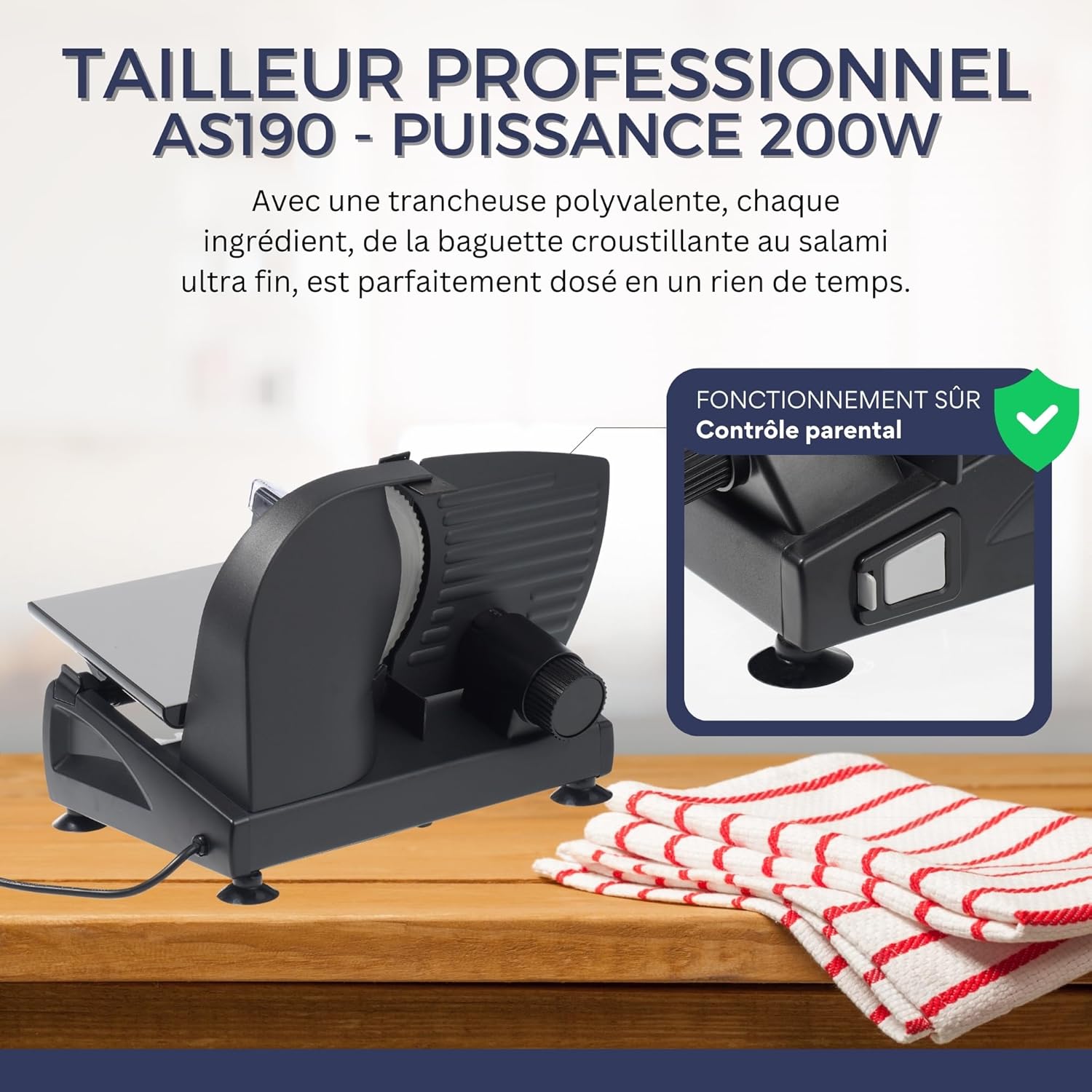 Trancheuse universelle inox 200W, lame dentelée, 0-15mm, AS190 DUAL