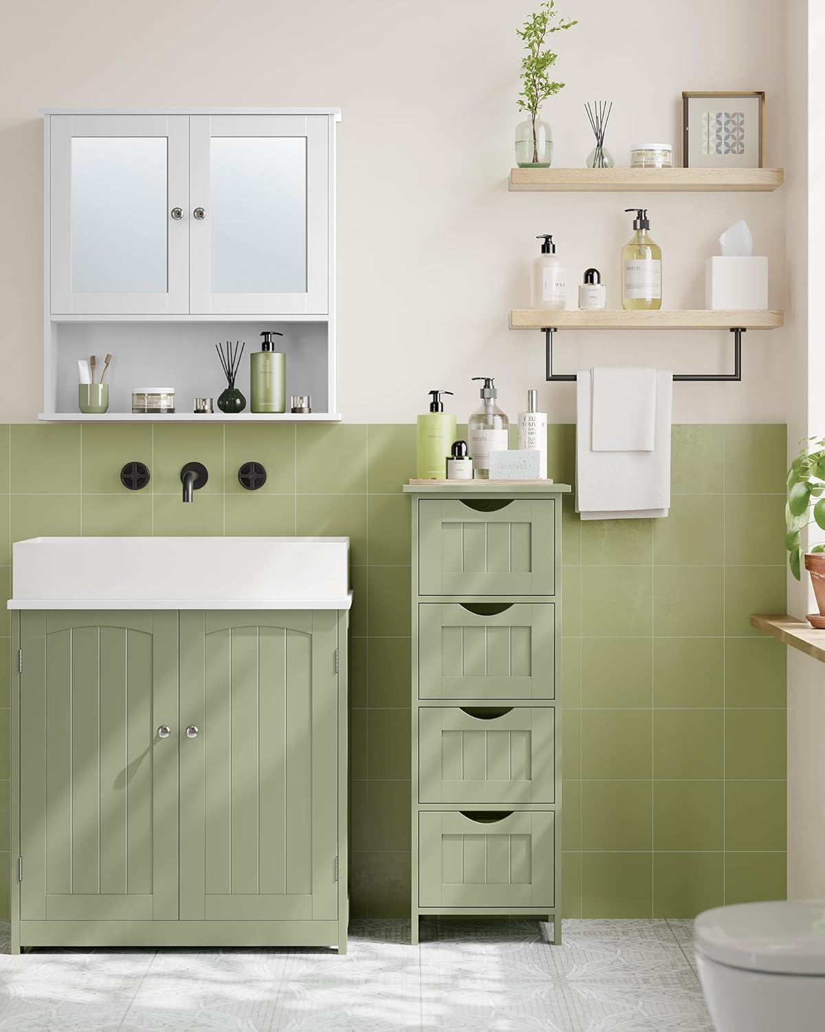 VASAGLE - meuble salle de bain, 4 tiroirs, 30x30x82 cm, vert olive, LHC040C02