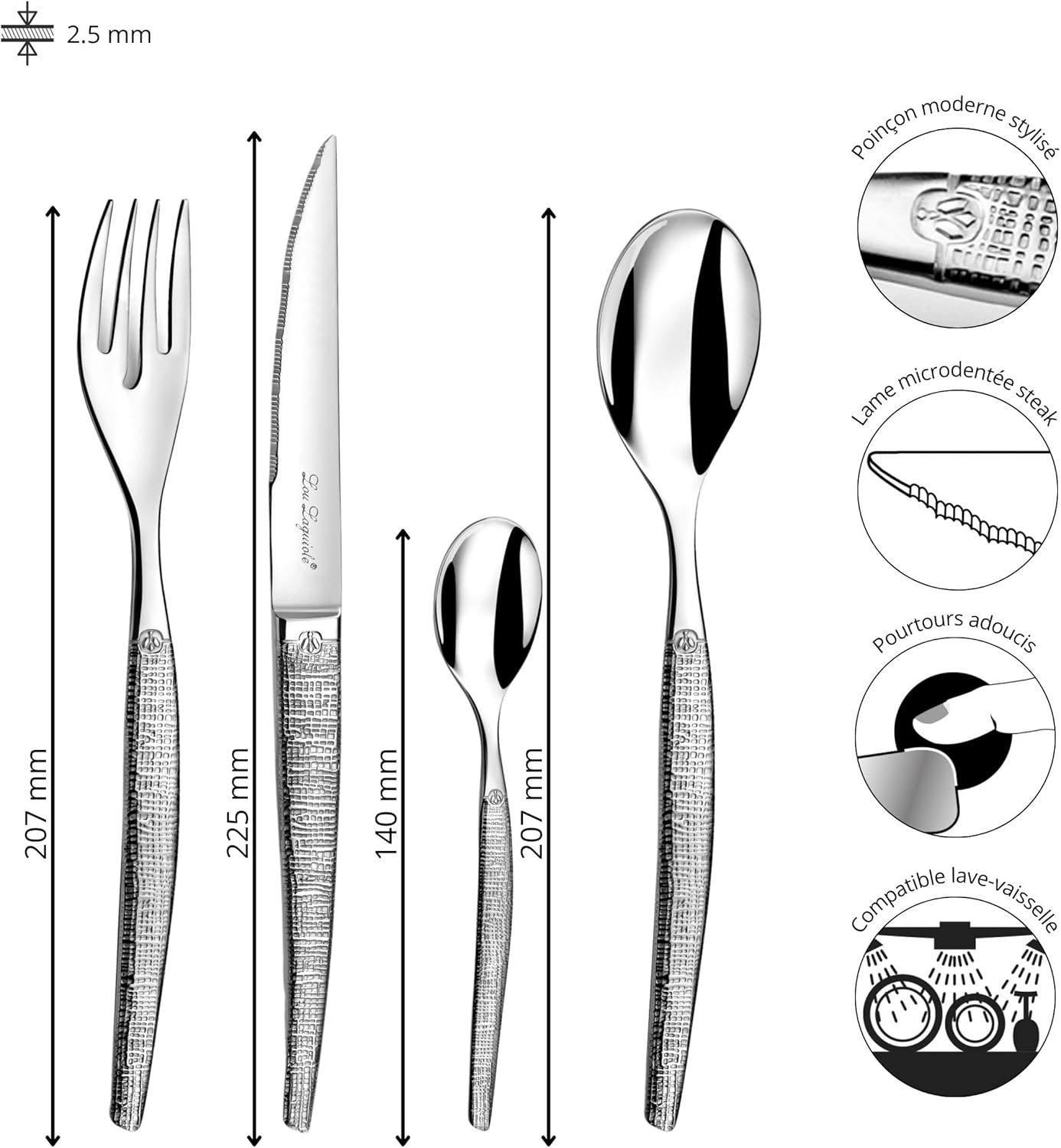 Lou Laguiole - Jet - 24 pièces, inox 18/0, finition texturée