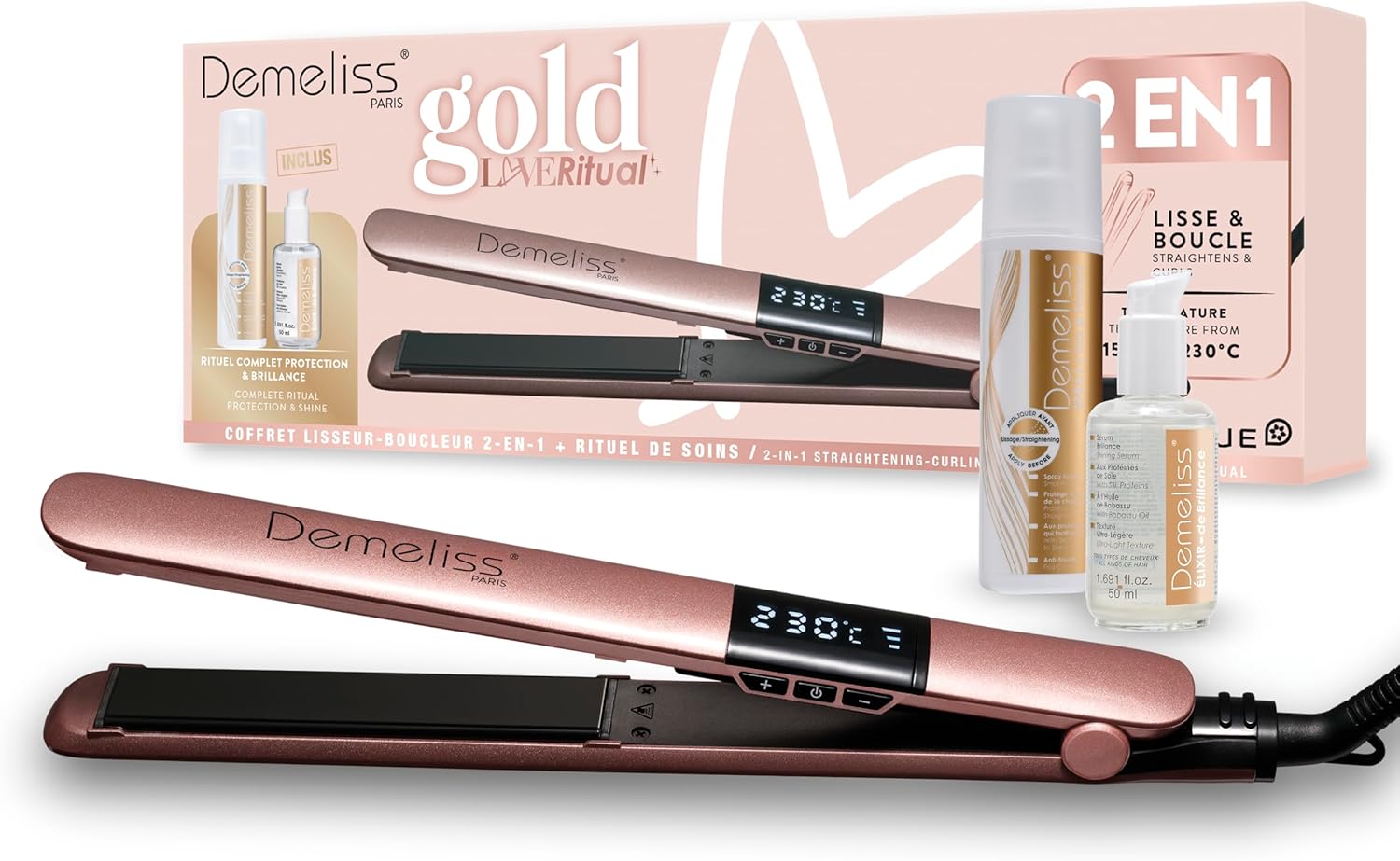 Saint Algue - Demeliss Gold Love - lisseur 2 en 1 - céramique, 230°C, pochette, soins inclus