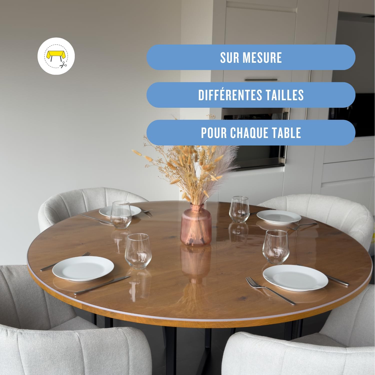 Nappe transparente ronde 95cm, épaisseur 3mm, anti-tache, intérieur/extérieur