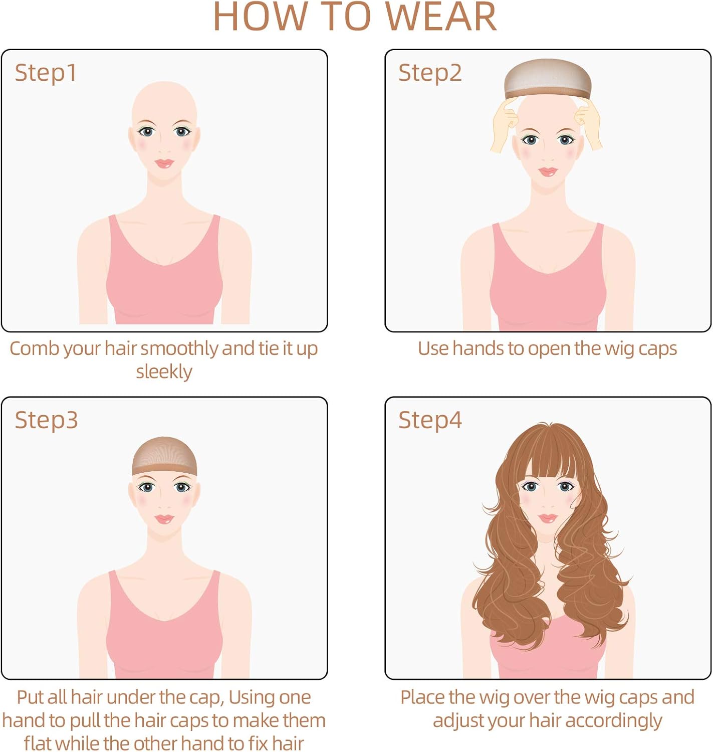 URAQT - bonnet filet pour perruque - 4 pcs - unisexe, nude et noir