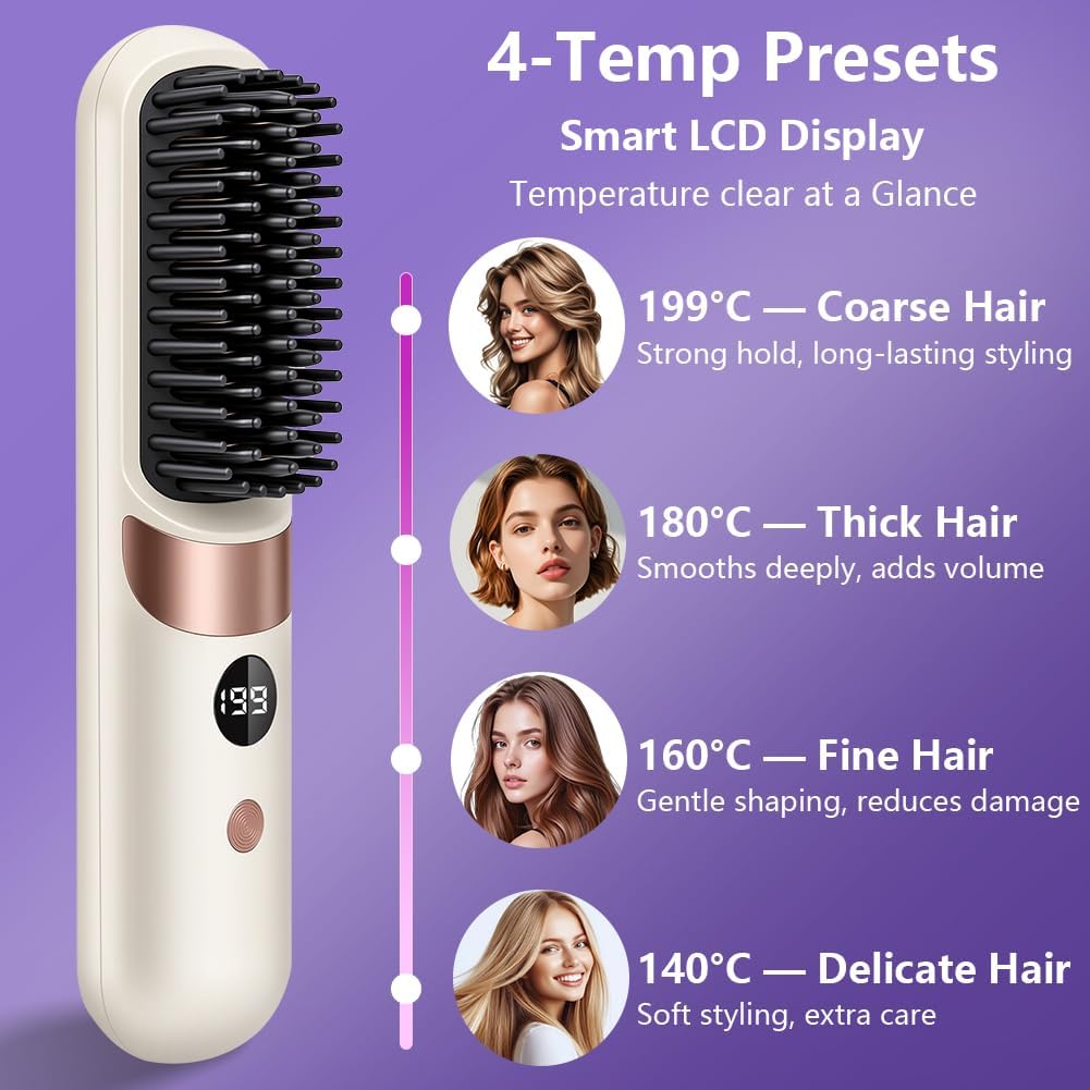 LOPHE - Brosse lissante sans fil, écran LED, 4 températures, USB-C, 3600mAh