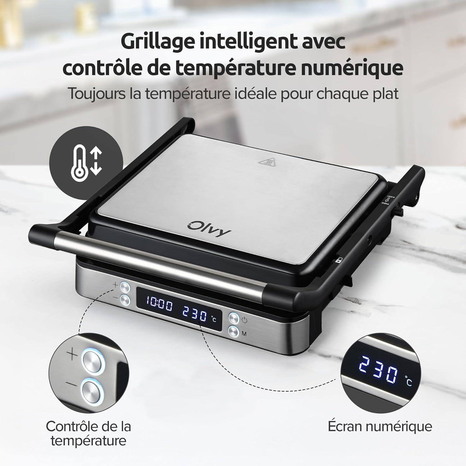 Olvy - Appareil à Croque-Monsieur 3-en-1, 2000W, plaques antiadhésives, ouverture 180°, température réglable, minuterie,