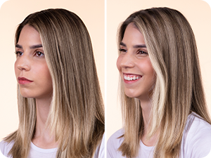 Bandeau pour cheveux foncés porté pour démontrer son utilisation pour coiffer les cheveux, illustré dans plusieurs vues.