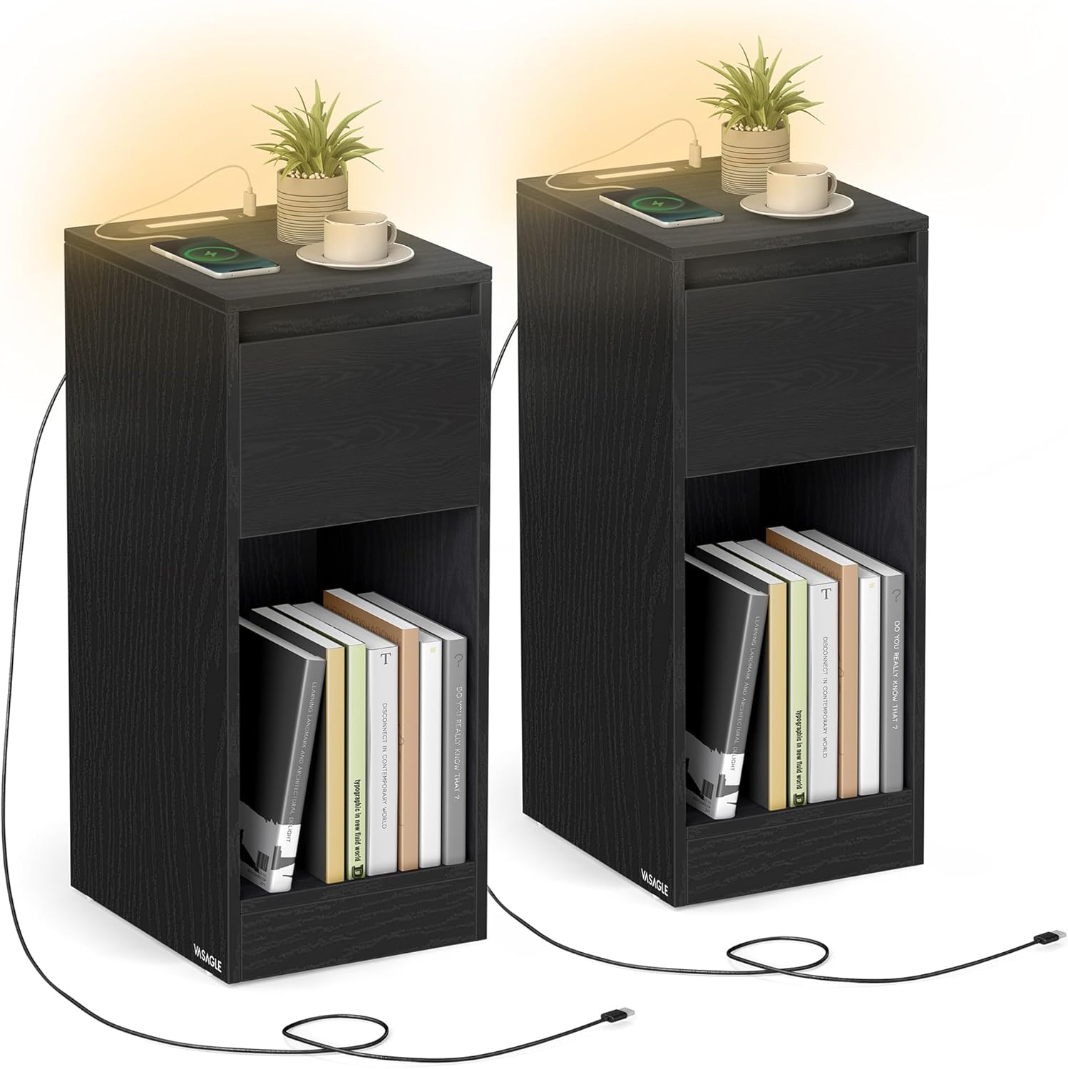 VASAGLE - lot de 2 tables de chevet LED, ports USB, tiroirs, LET710B01