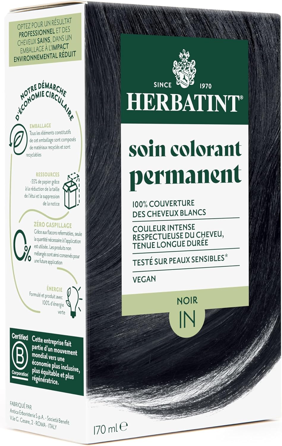 Herbatint - Coloration Permanente 170ml - Noir, sans ammoniaque, 8 extraits végétaux, 1N