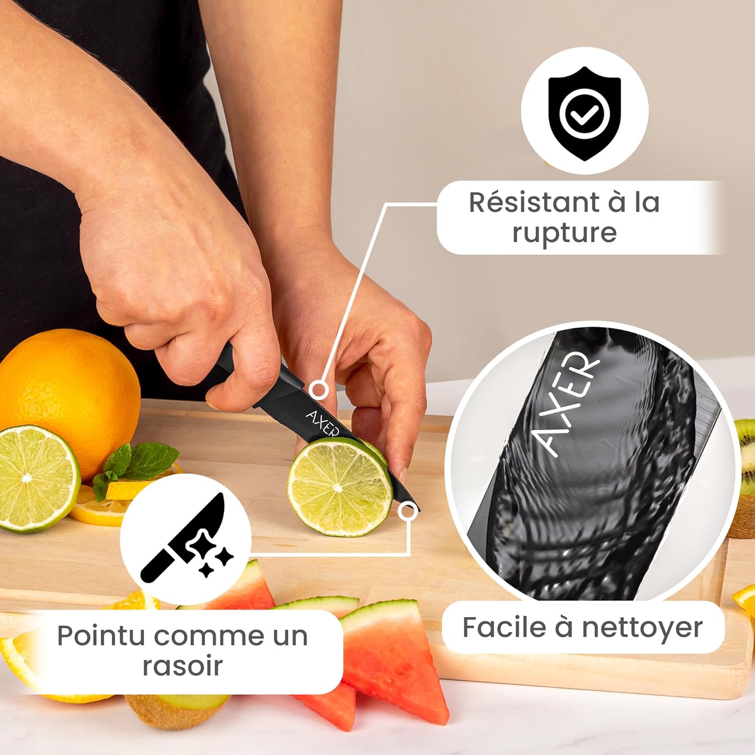 Axer - Couteau de cuisine professionnel - 9 cm - lame fruits et légumes, éplucheur, noir