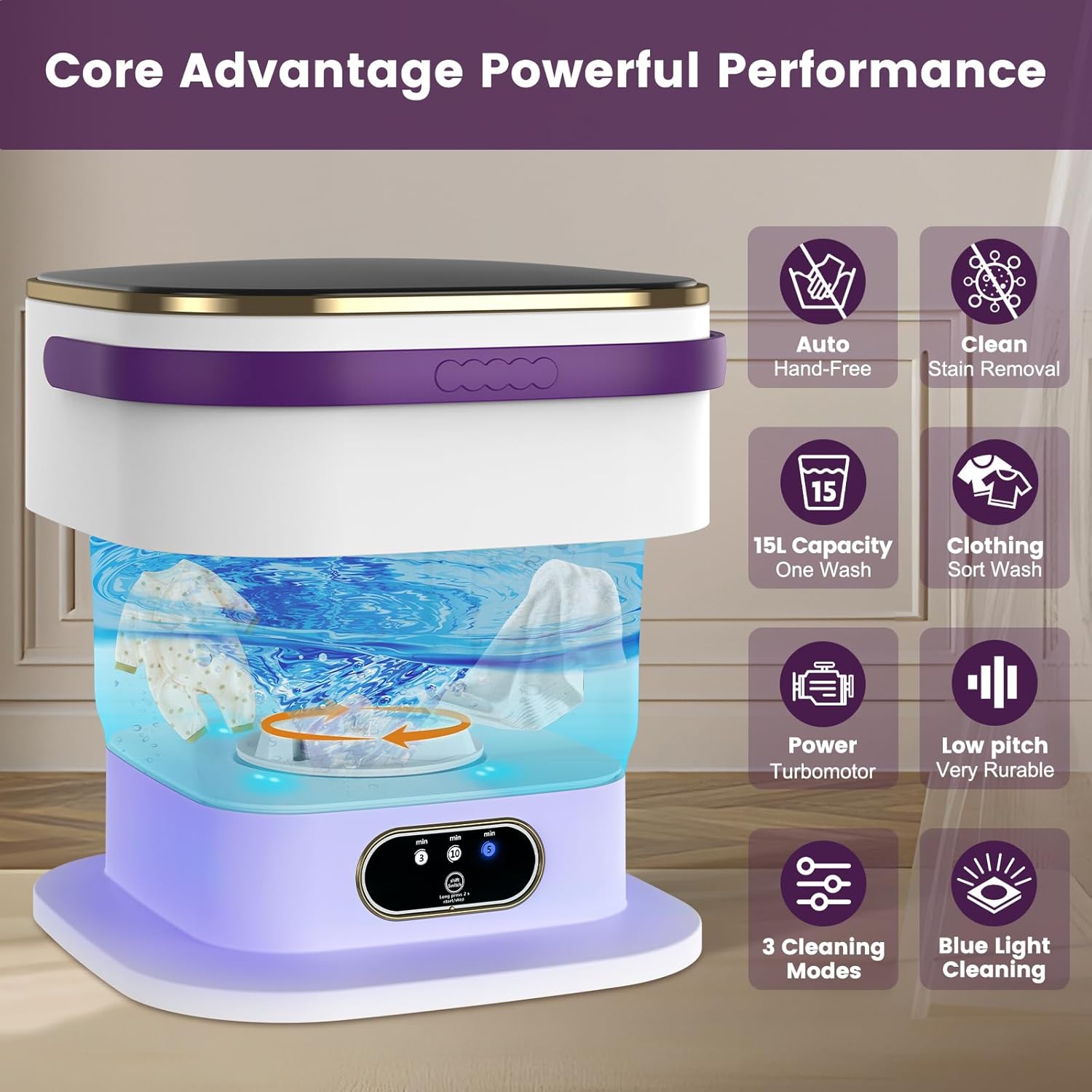 Mini Machine à Laver - 15L 2-en-1, essorage, 3 modes, portable, violet