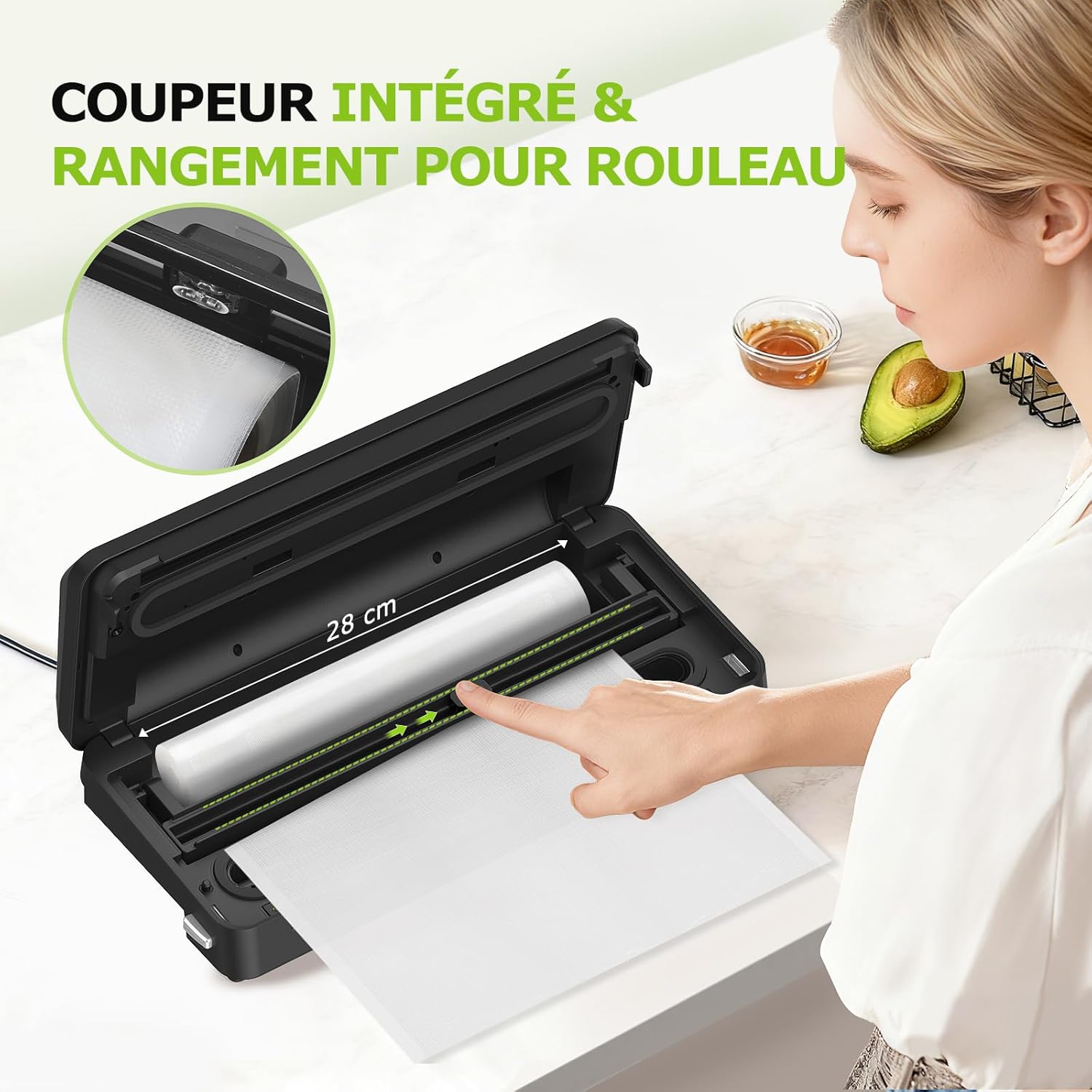 Bonsenkitchen – Machine sous vide – compacte – coupe-sac, rangement, rouleau, 5 sacs