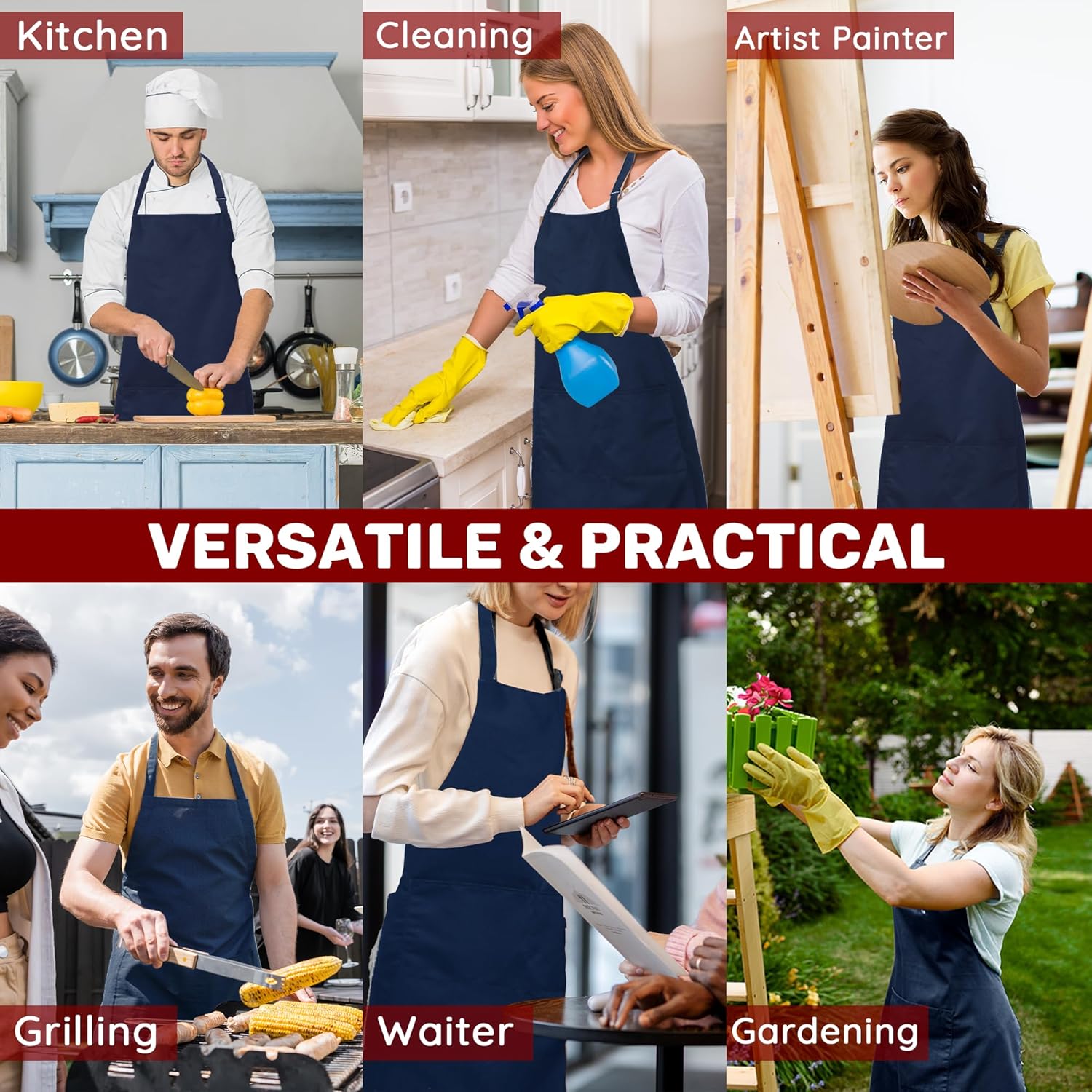 Tablier de chef - 2 poches, grande taille, unisexe, lot de 2 pièces