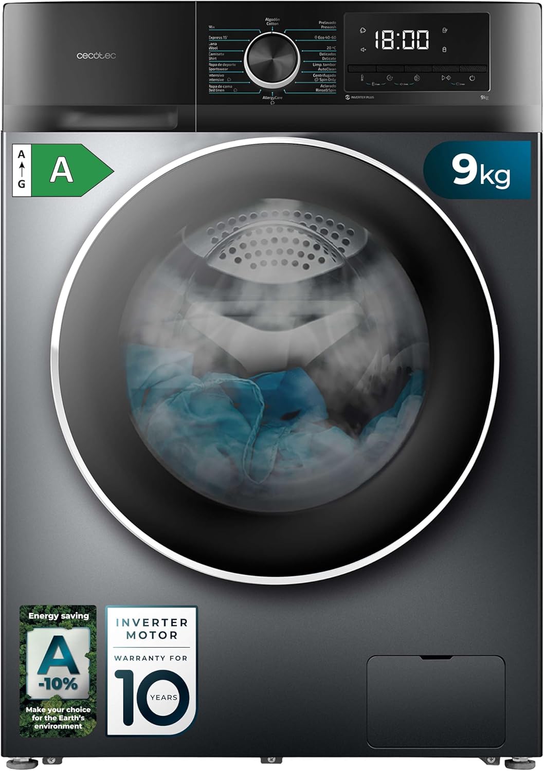 Cecotec - Bolero Dresscode 9500 - 9 kg, frontal, 16 programmes, inverter, acier