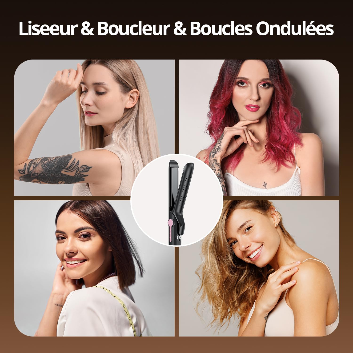 Lisseur boucleur 2-en-1 - 9 températures, ionique, cool air, 110-230°C, coiffure maison & voyage