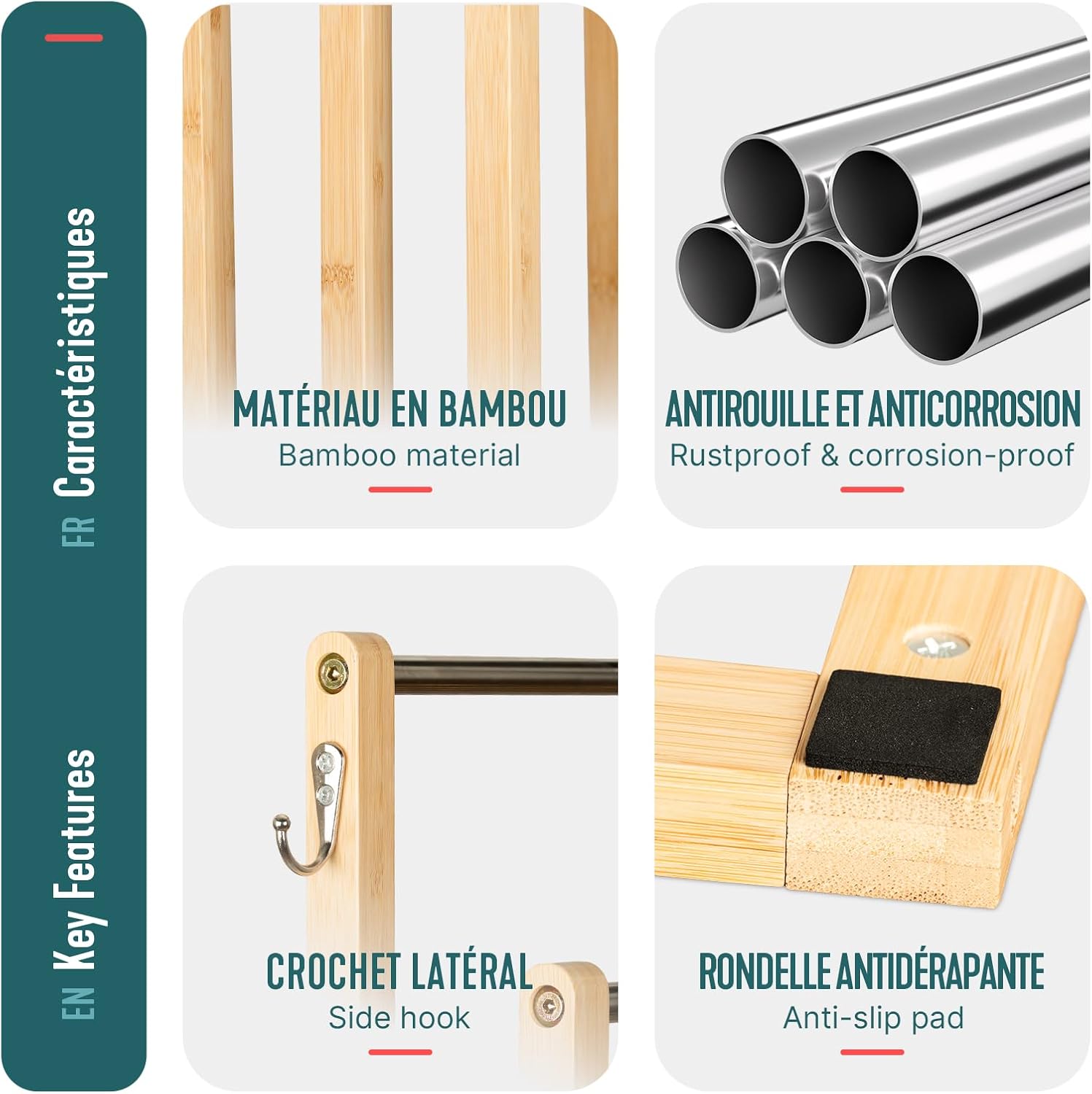 VOUNOT - porte-serviettes autoportant bambou 3 niveaux, crochets, stable