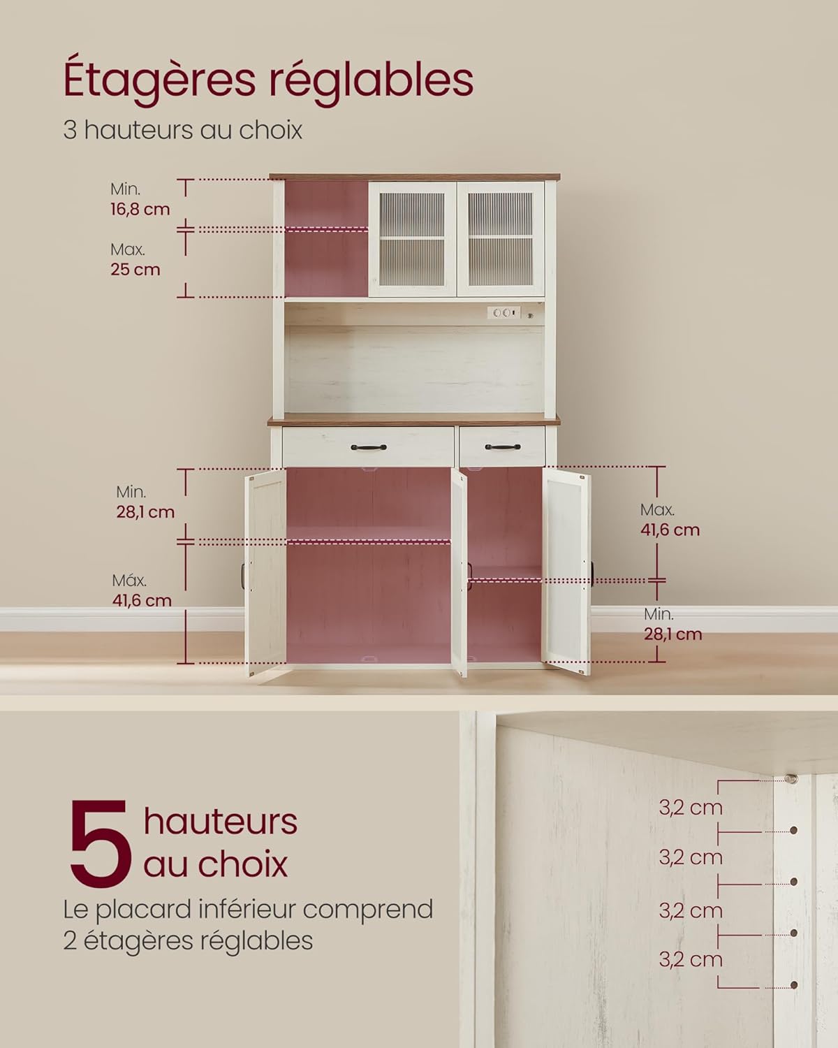 VASAGLE - meuble de rangement éclairé blanc/marron - 39,5x106,5x180,6 cm - portes, tiroirs, étagères réglables - BBK391W