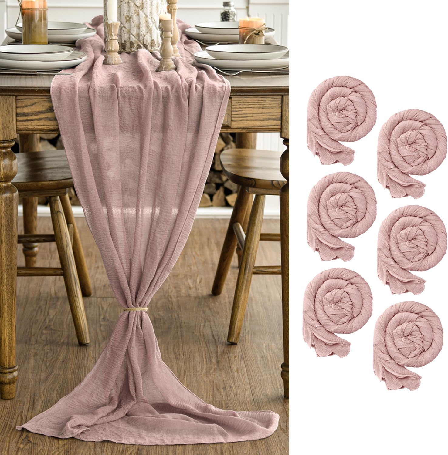 Artoid Mode - lot de 6 chemins de table - 300 cm - gaze mousseline bohème rose