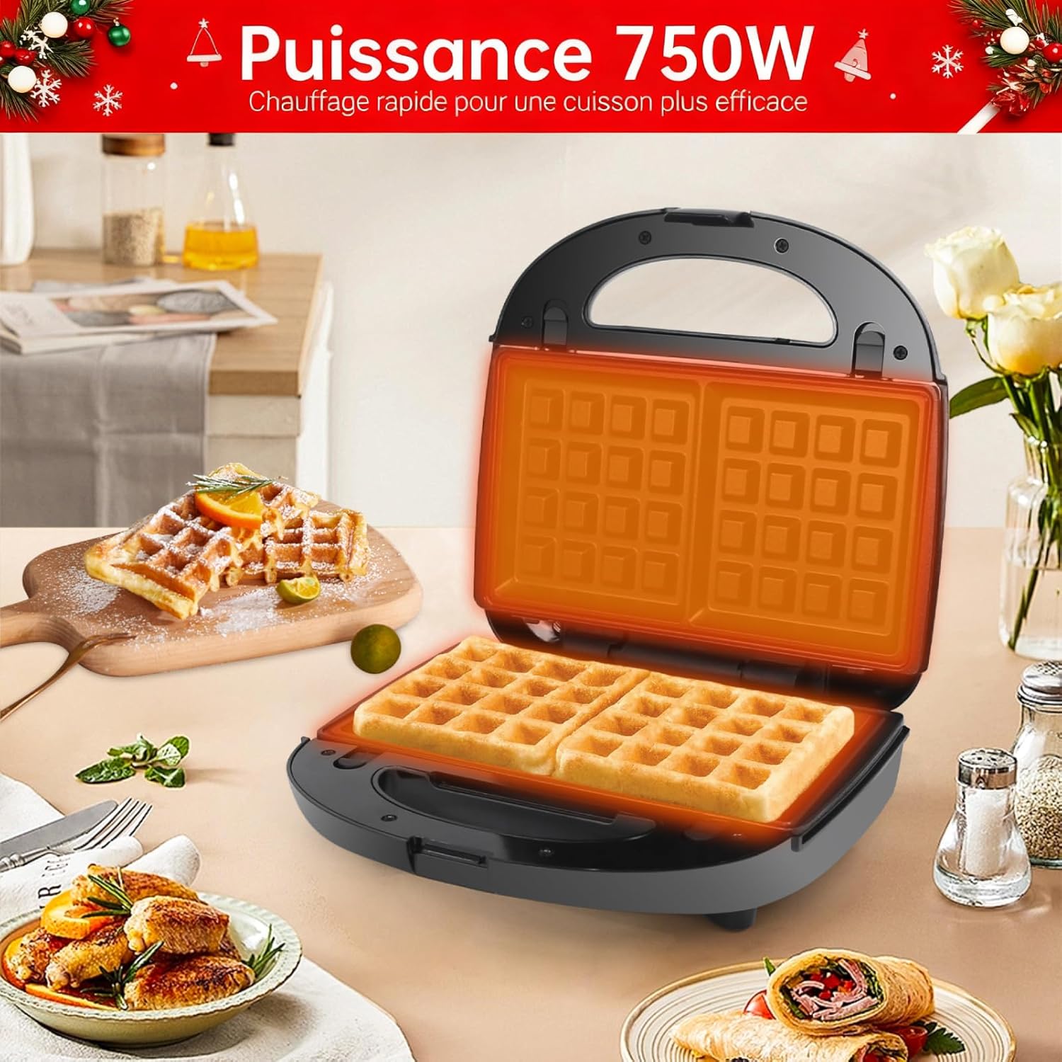 Appareil à Croque Monsieur 3 en 1 - 750W, plaques antiadhésives, noir, gaufres/Sandwich/Grill