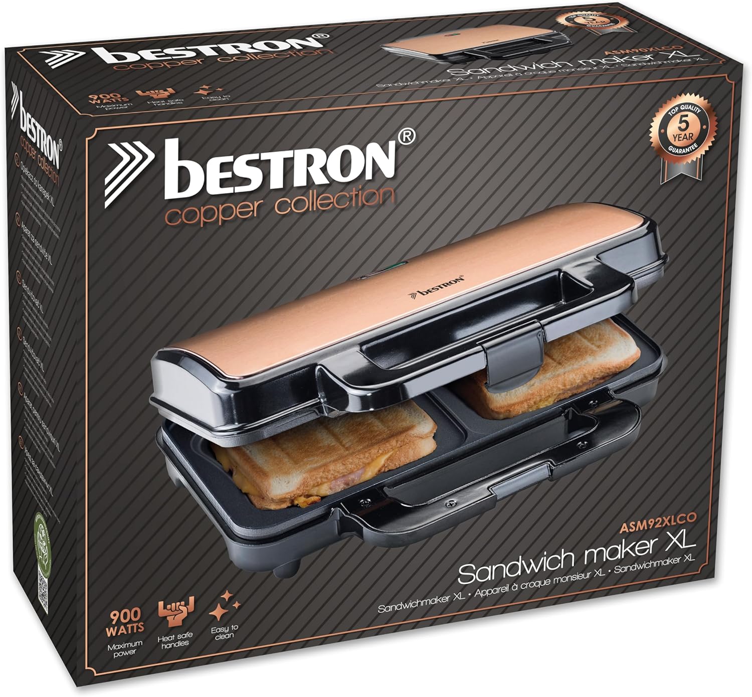 Bestron - Appareil croque XL pour 2 sandwichs, température auto, cuivre