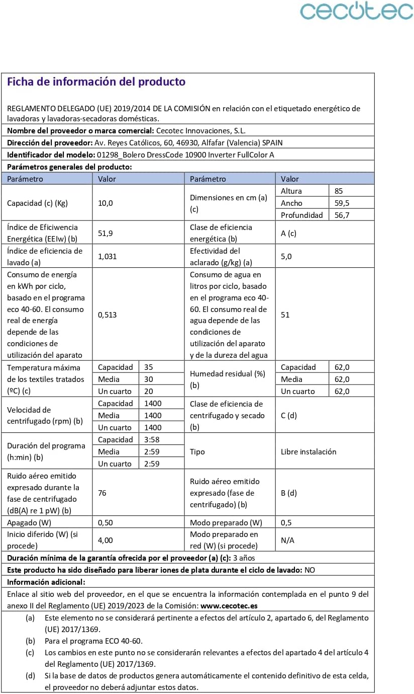 Cecotec - Bolero DressCode 10900 Inverter - 10kg, 1400tr/min, écran 10,3
