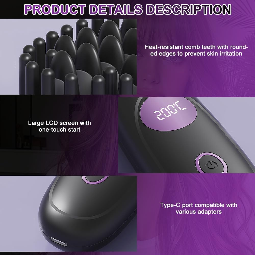 Brosse lissante sans fil - mini portable - LCD - tous types cheveux