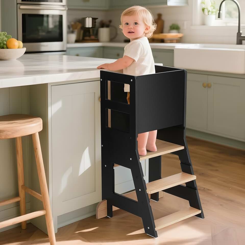 KIDINIX - Tour d'apprentissage Montessori - hauteur réglable, anti-basculement, bois/noir