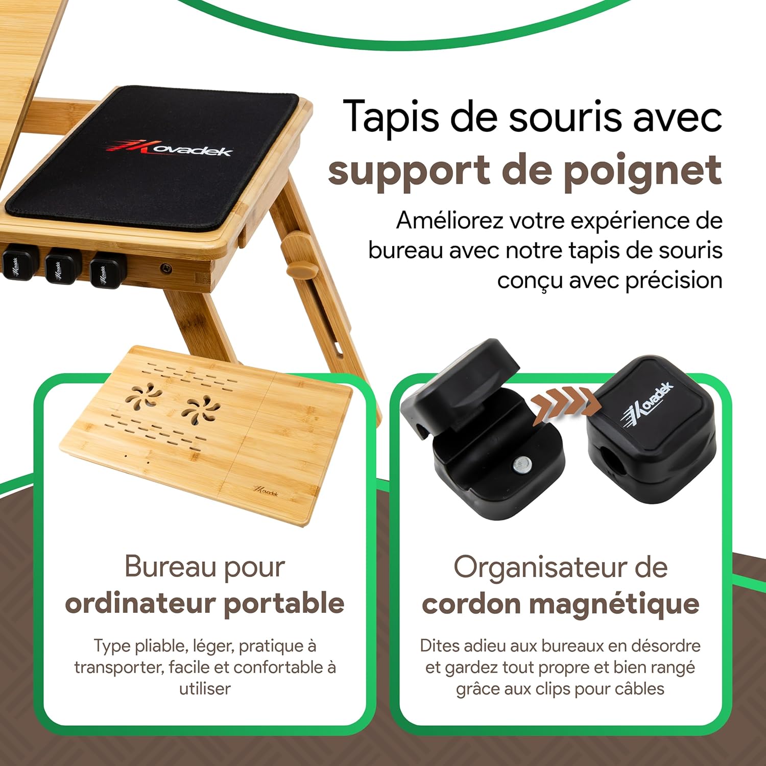 Table de lit en bambou – réglable, avec tiroir, tapis souris, 60x34cm, organisateur câbles