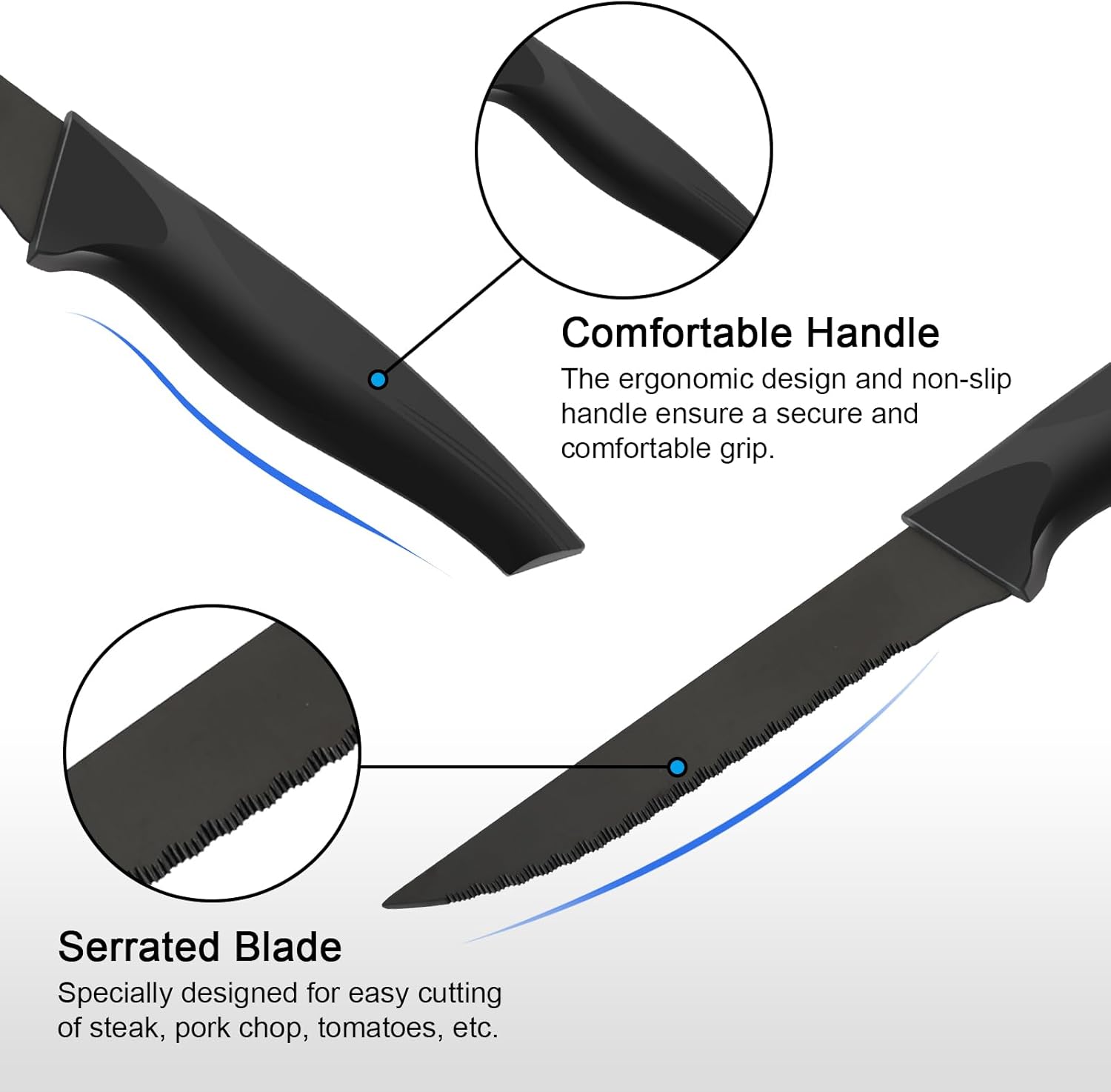 Couteaux à steak - inoxydables, lot de 8, manche noir, lave-vaisselle