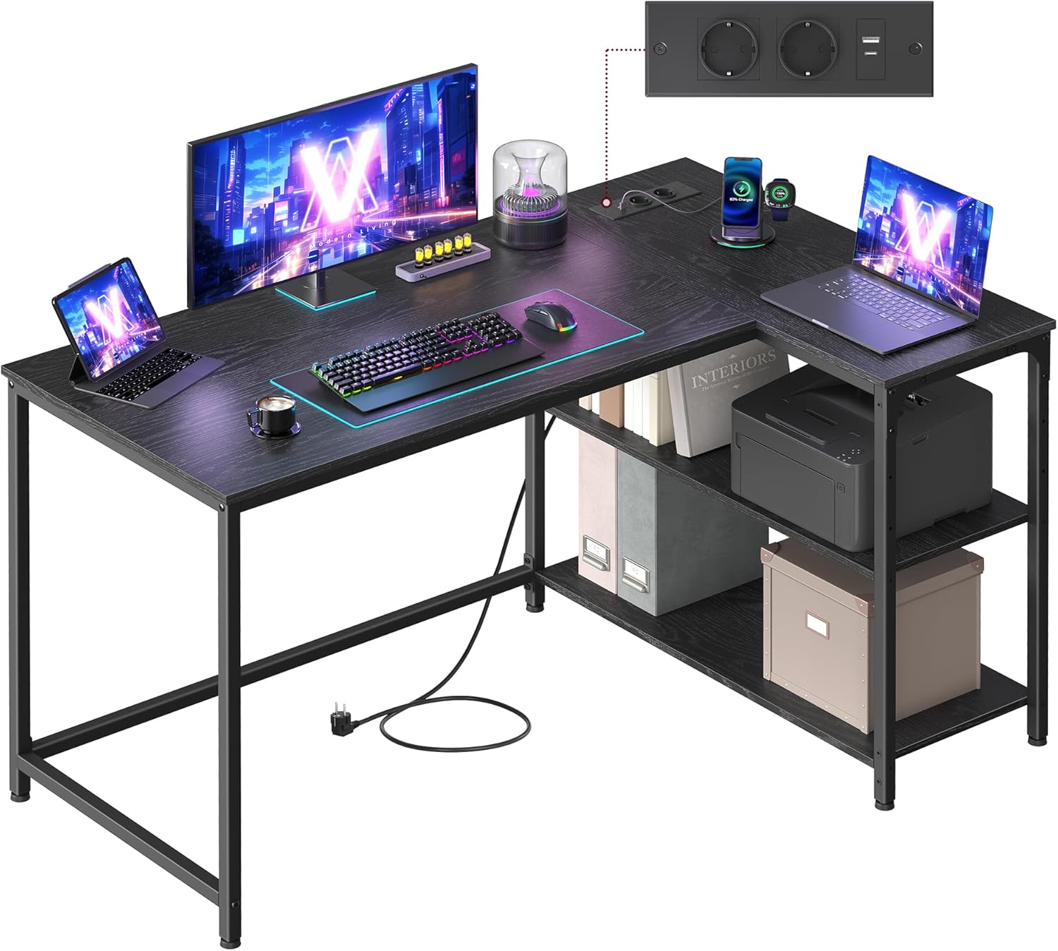 VASAGLE - Bureau L Gaming - 120x80 cm - rangement, prises USB - LWD132BE01