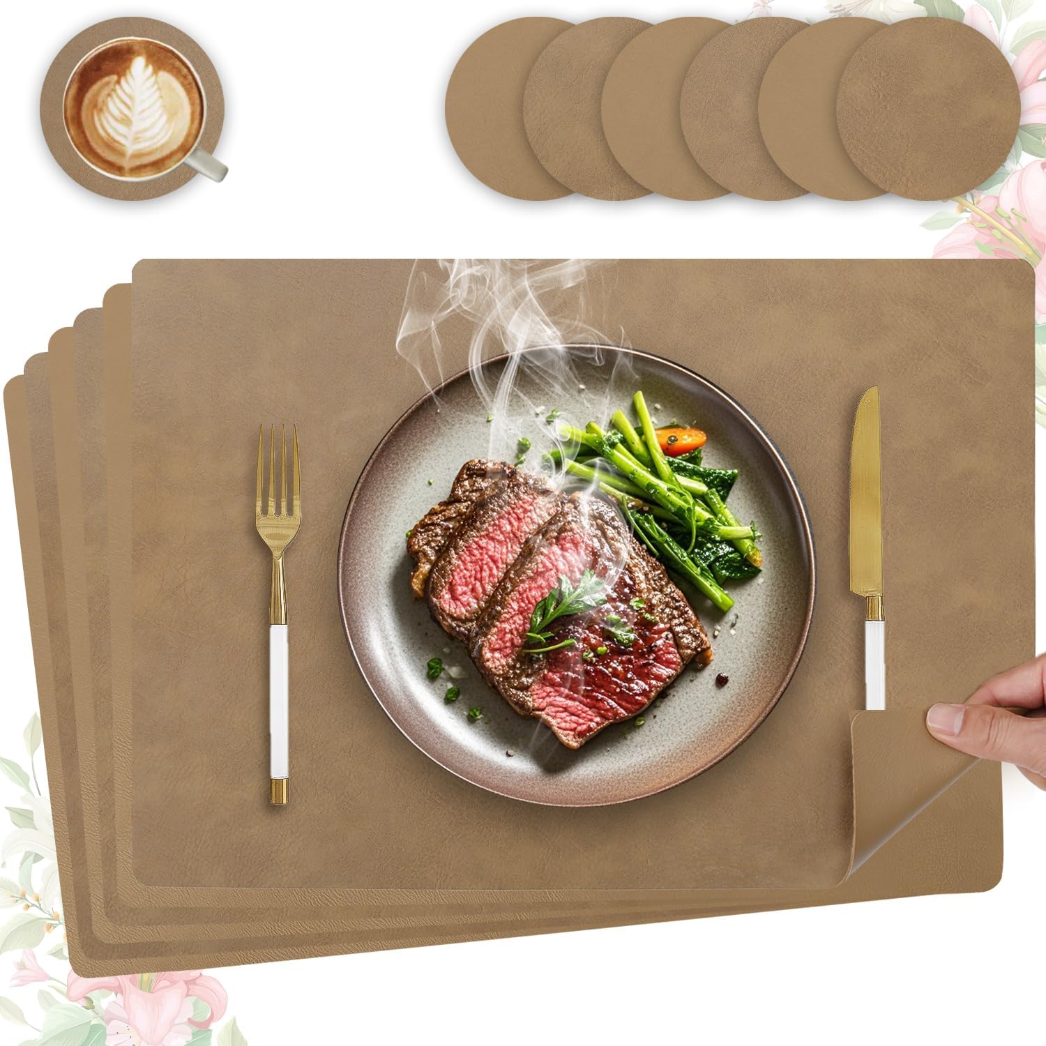 Set de table - Lot de 6, cuir PU double face 43x30cm, lavable antidérapant